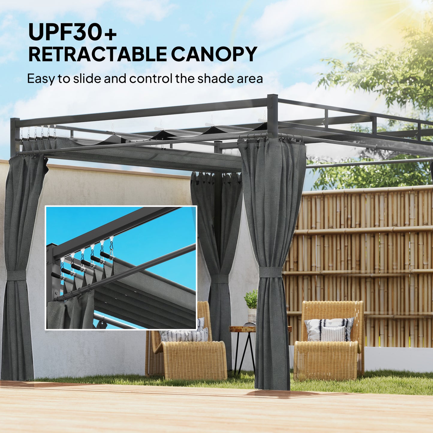 3 x 3 m Pergola with Retractable Roof Canopy and Curtains