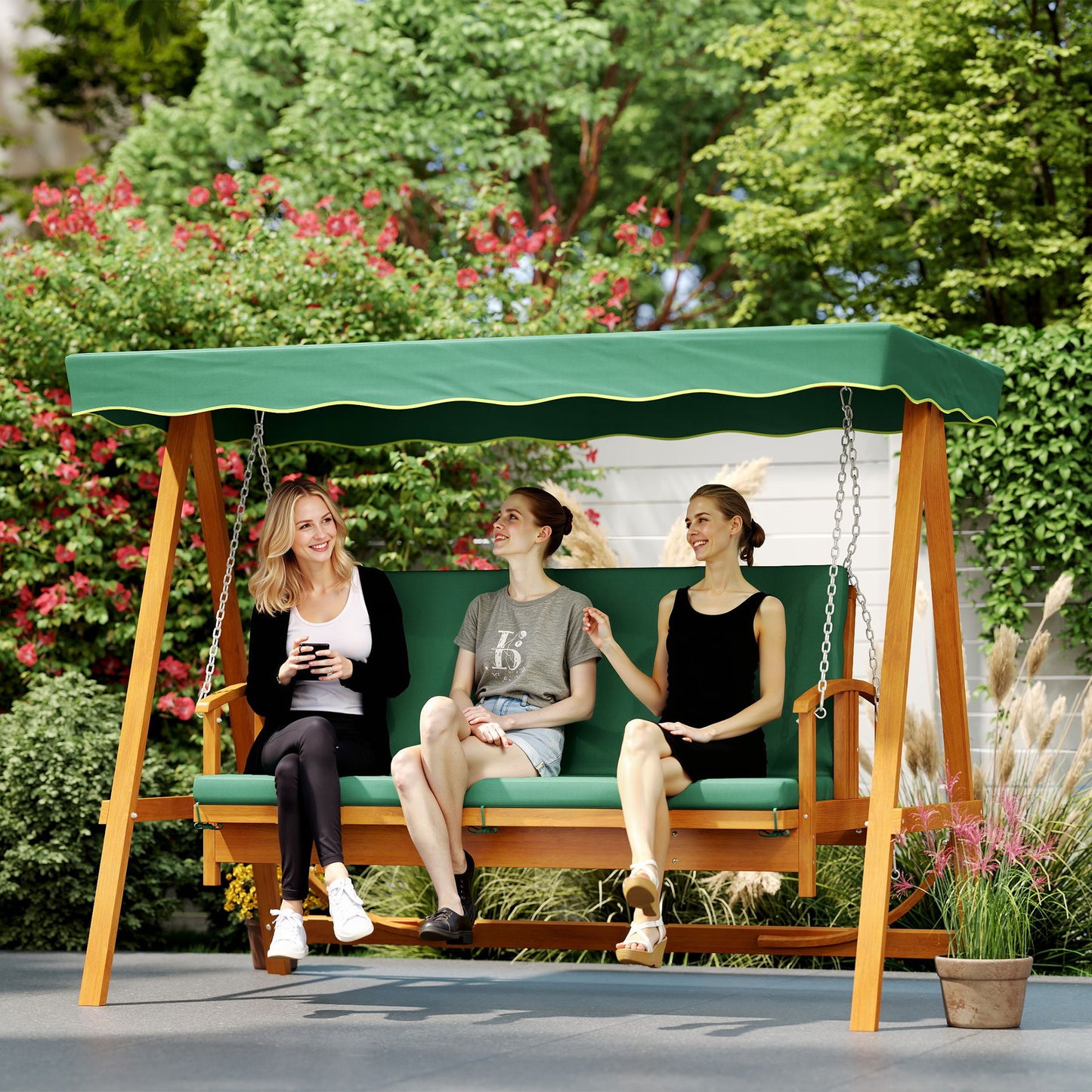 3 Seater 2-in-1 Wooden Garden Swing Seat Swing Chair Outdoor