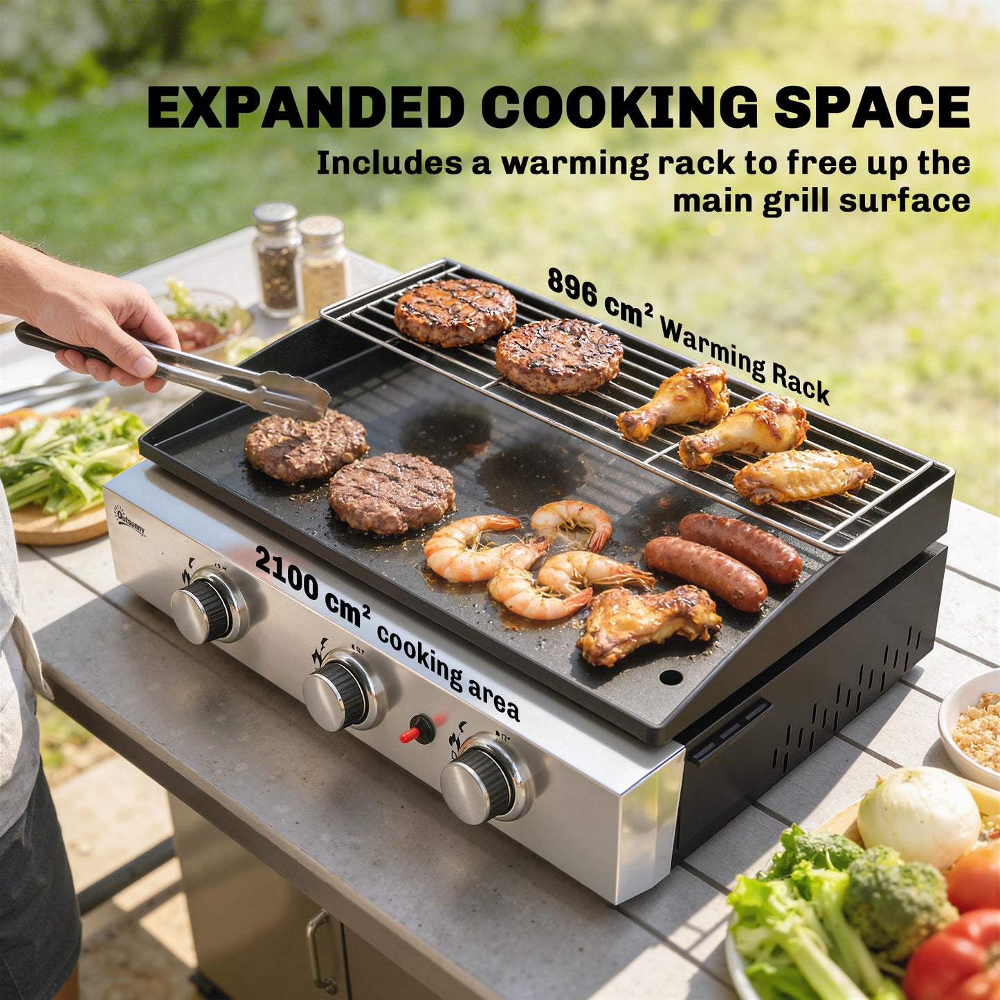 3 Burner Grill Griddle, Portable Gas Plancha with Warming Rack