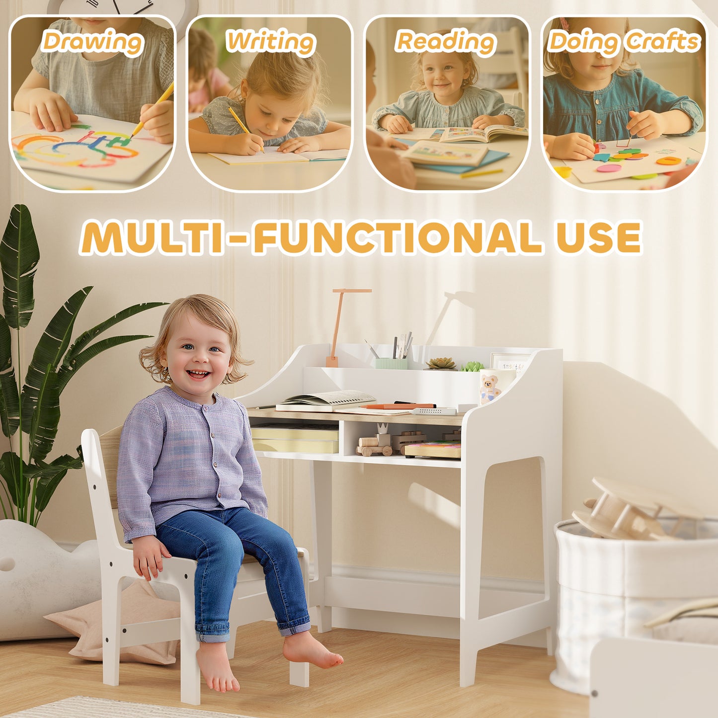 Kids Desk and Chair Set, Children Study Table with Storage