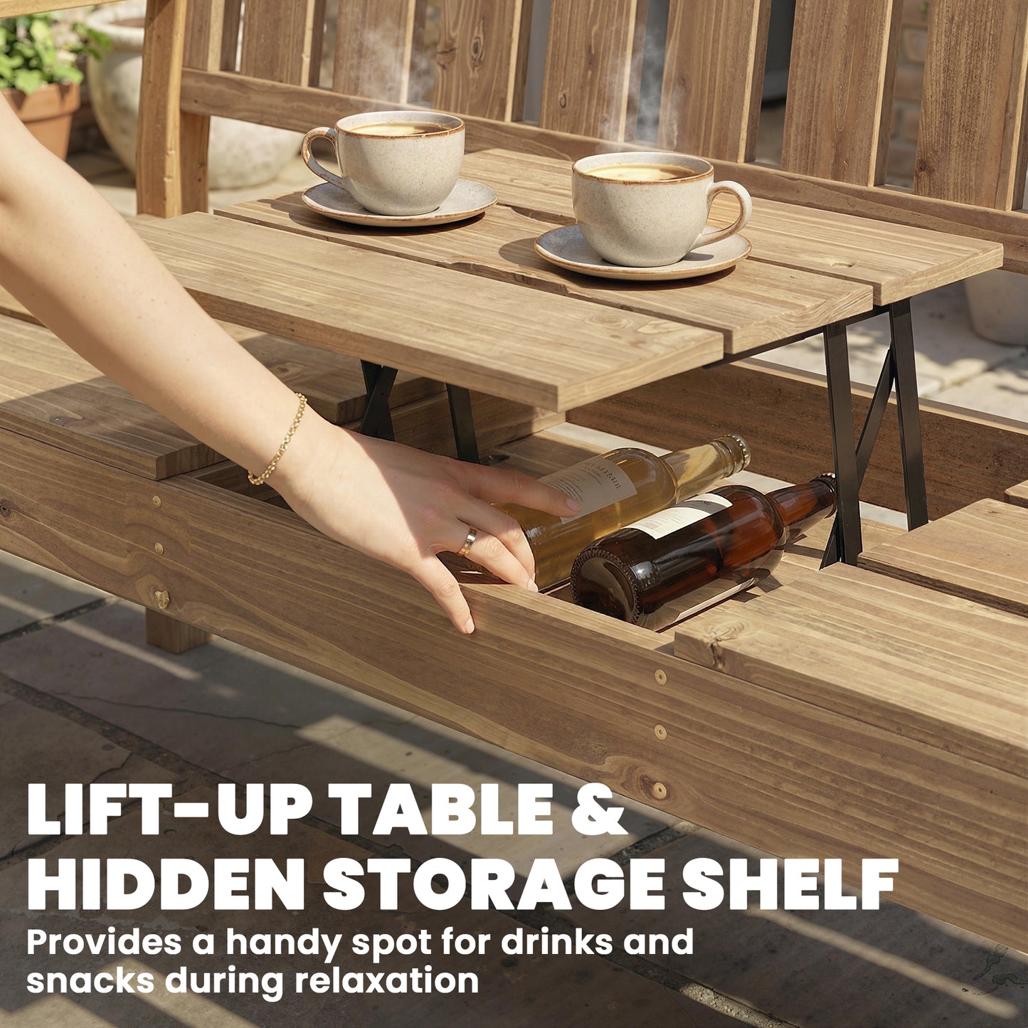 Wooden Garden Bench with Liftable Table & Shelf