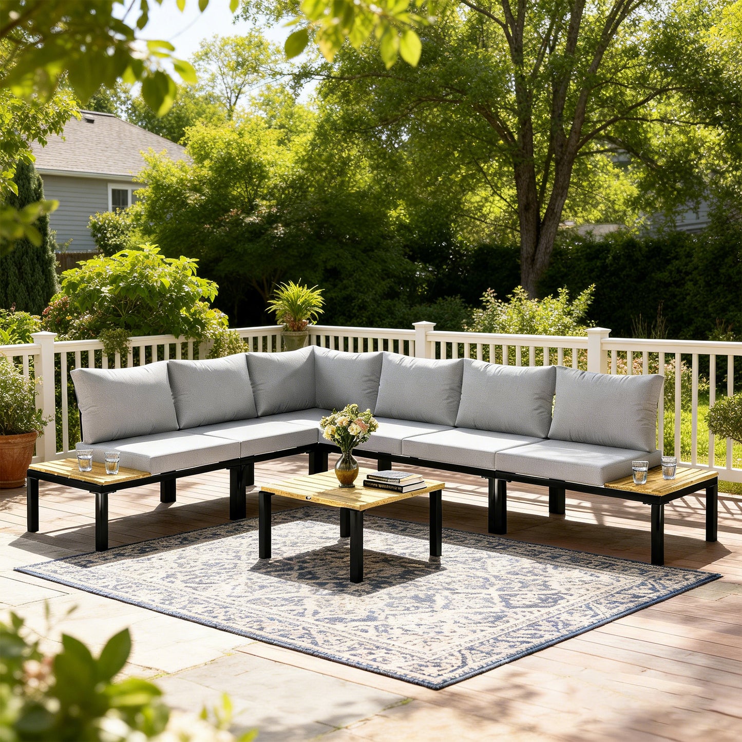 Garden Furniture Set, 6 Piece Corner Sofa Set with Loveseat