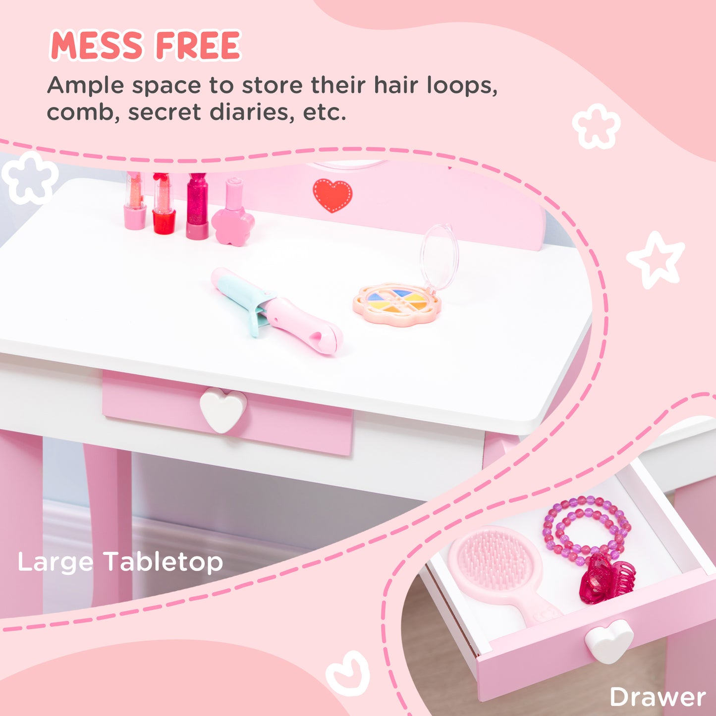3PCs Kids Bedroom Furniture Set with Bed, Dressing Table and Stool