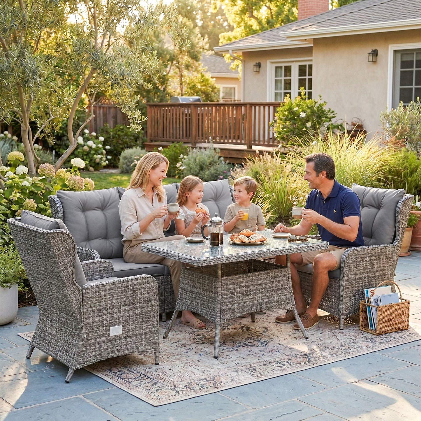 5 Seater Rattan Garden Furniture Set with Sofa, Reclining Chairs