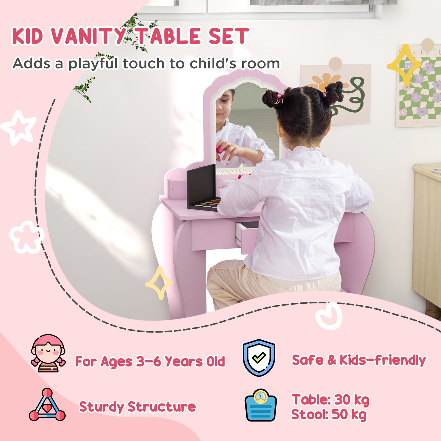Wooden Kids Bedroom Furniture Set with Kids Dressing Table, Stool (2)