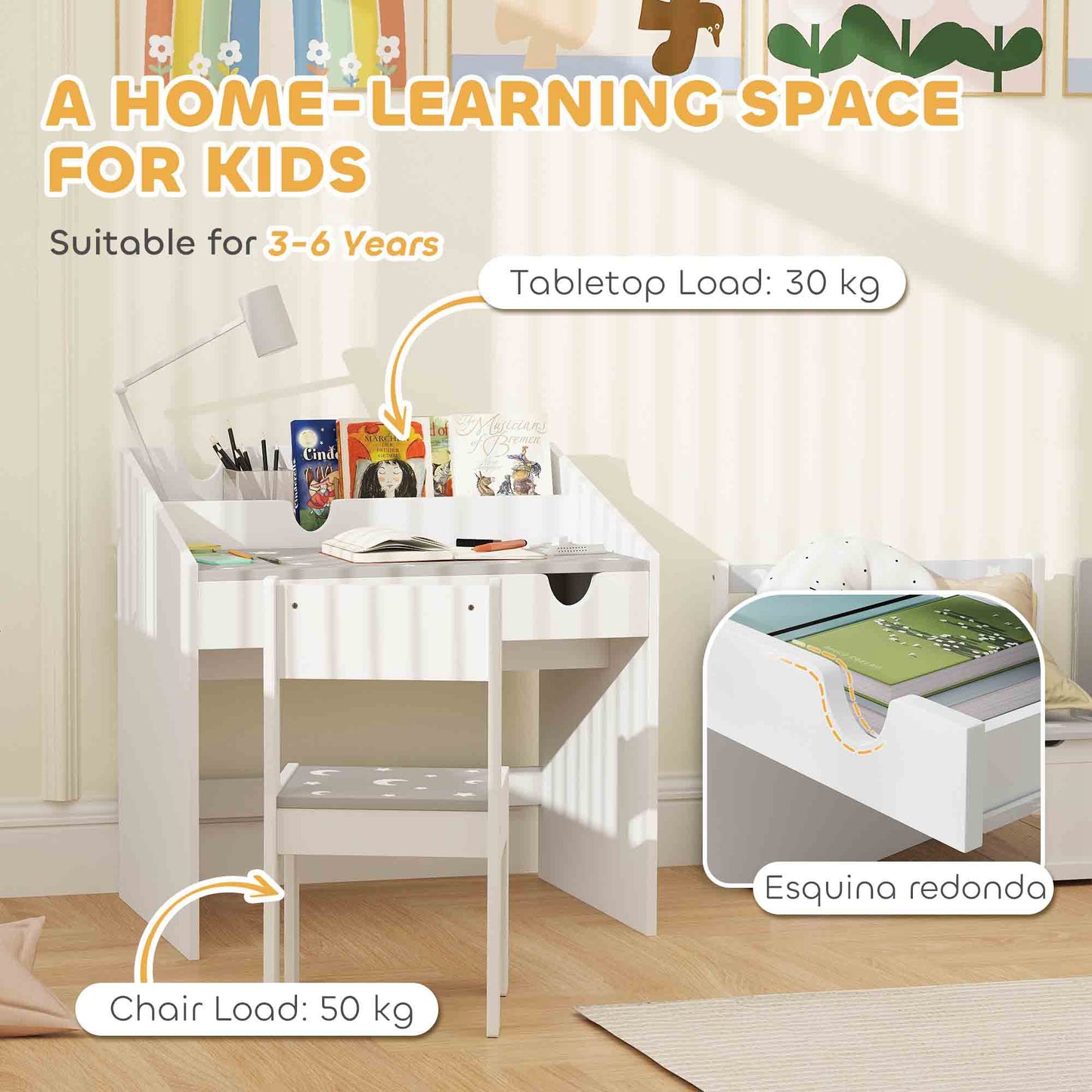 Children Study Table and Chair, Kids Desk and Chair Set with Storage