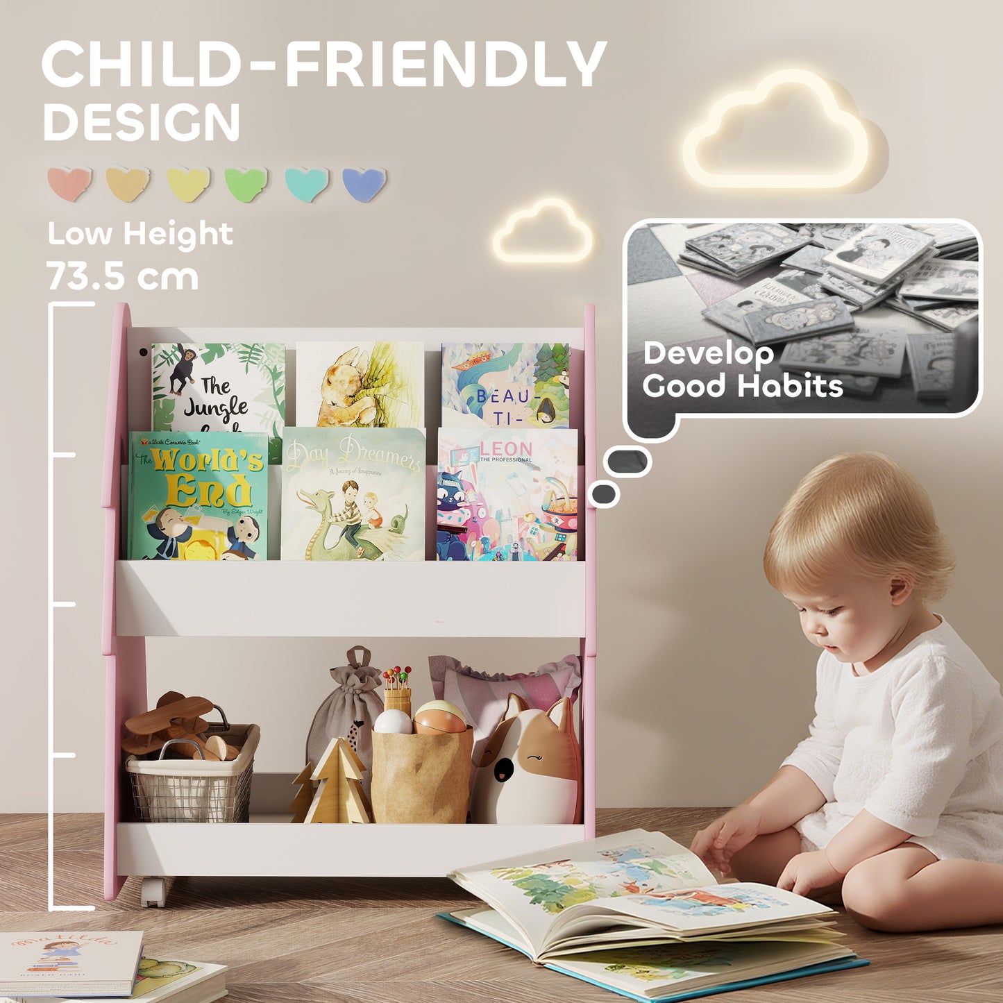 Kids Bookshelf with Toy Storage, Double-Sided Bookcase with Wheels