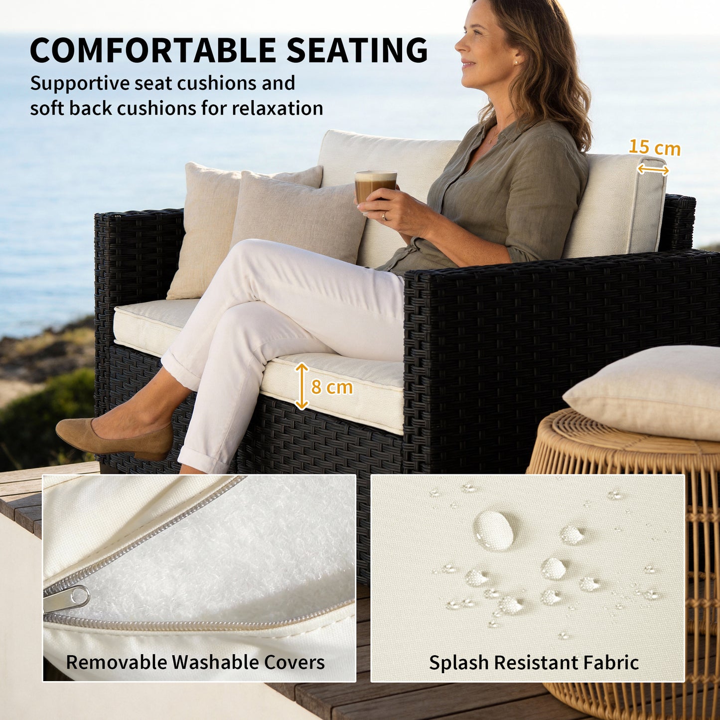 2 Seater Rattan Sofa, Outdoor Garden Sofa with Deep Seat, Cushions
