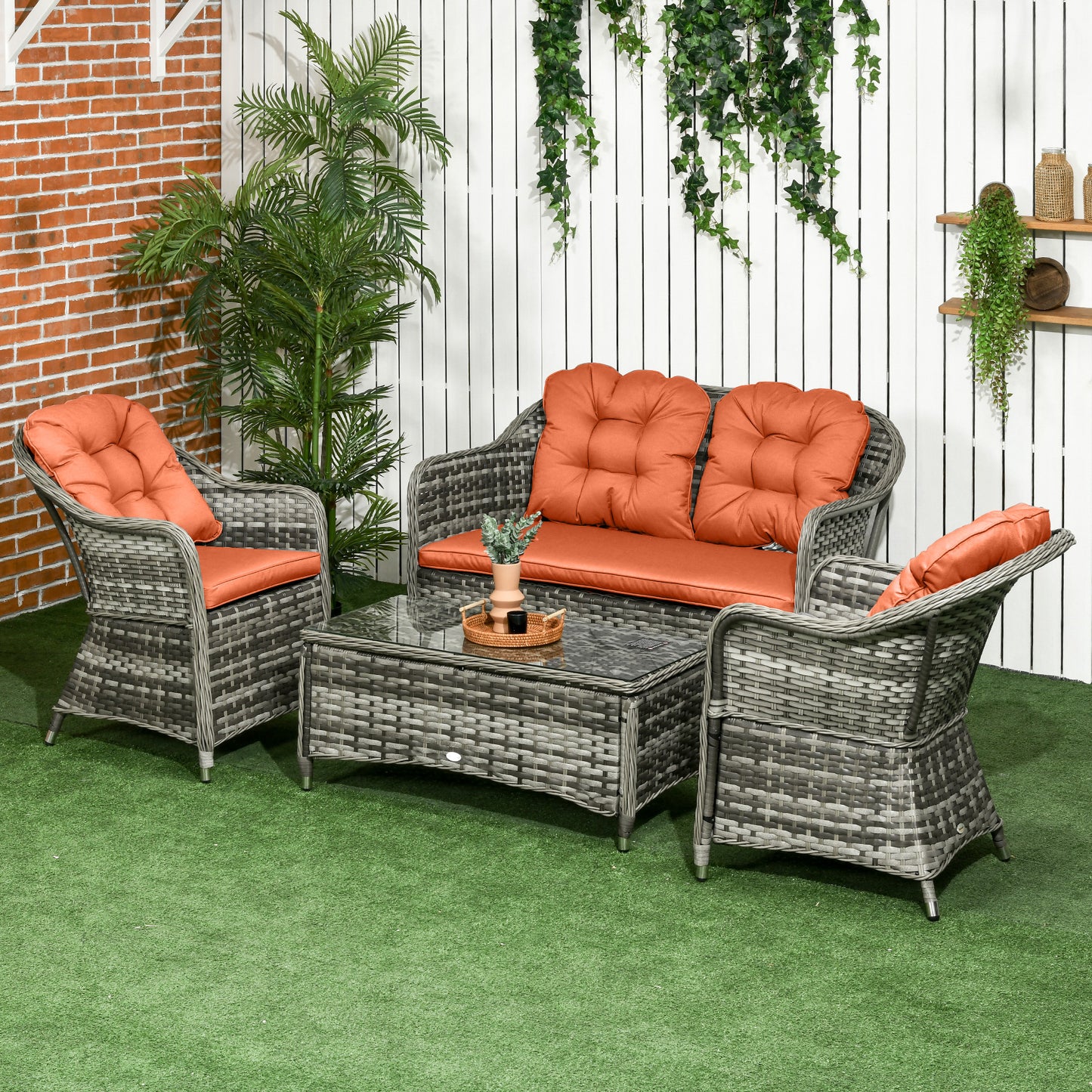 Four-Piece Rattan Sofa Set, with Glass-Top Table