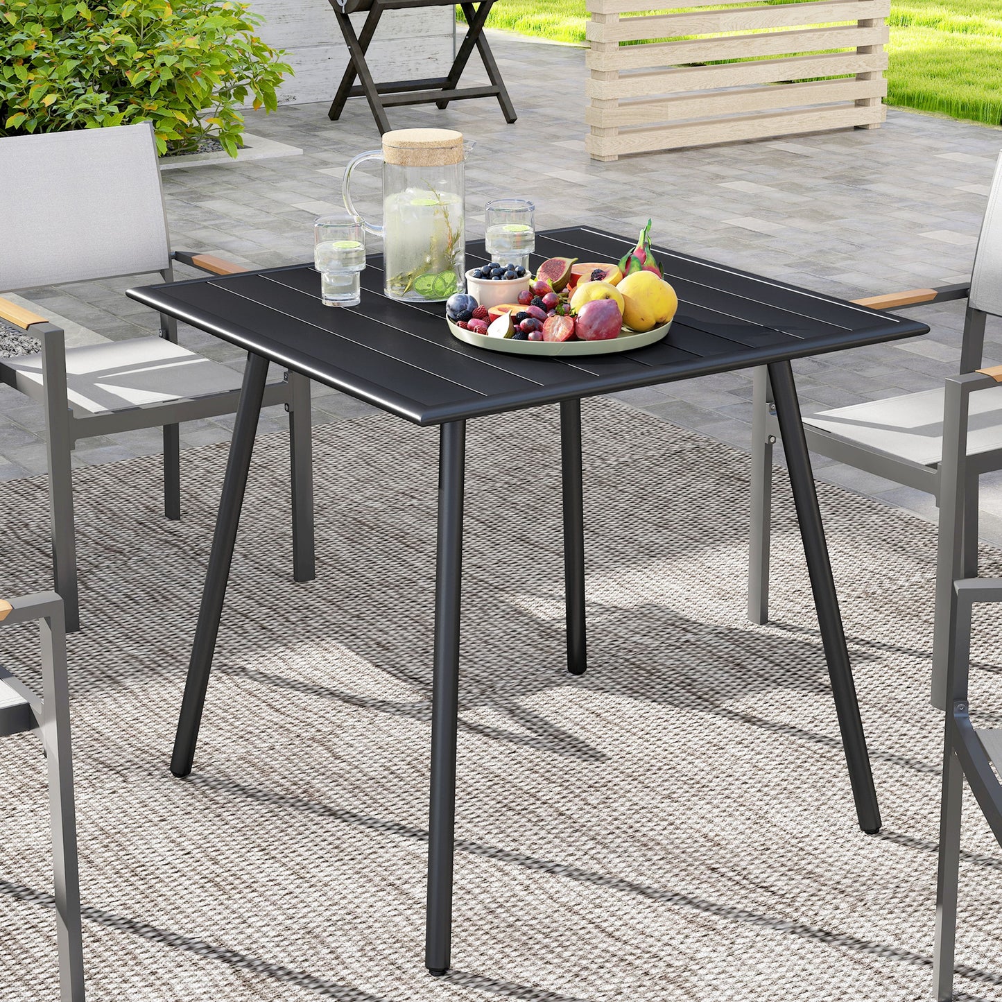 Square Garden Table with Slat Top, Steel Frame