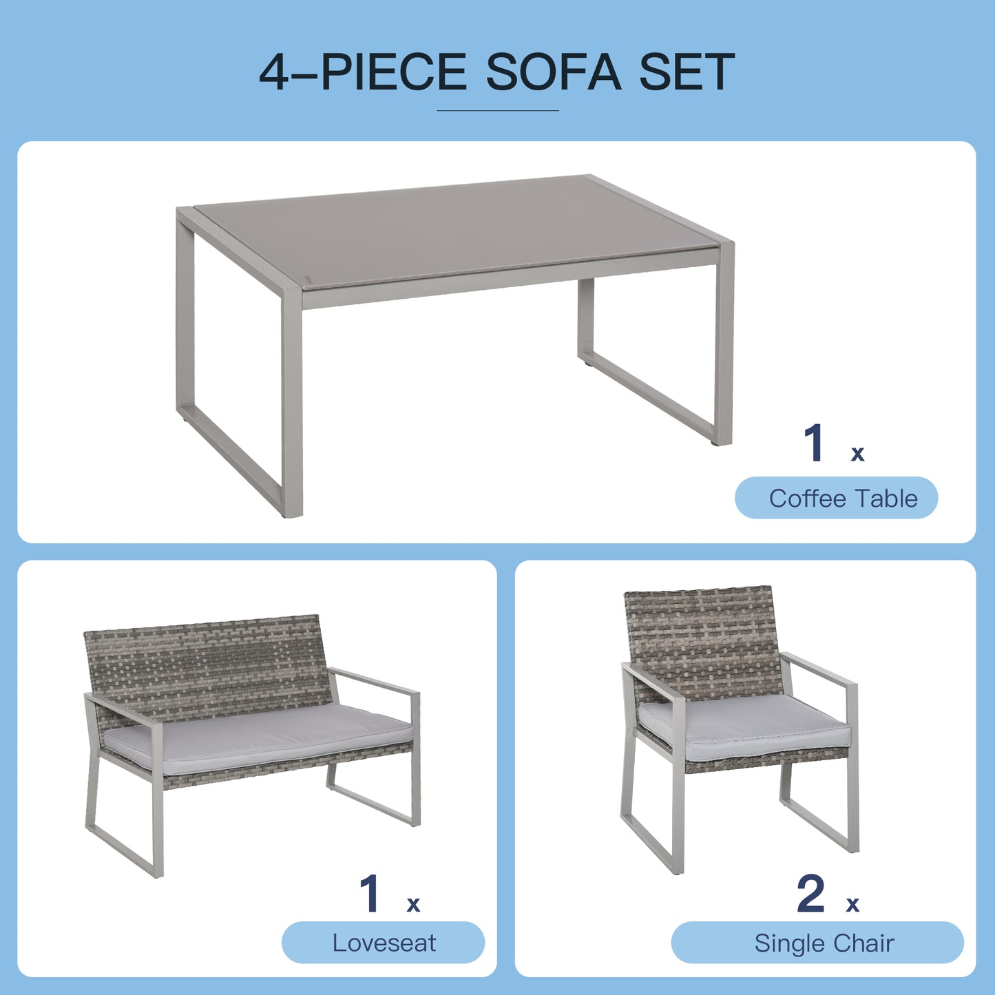 4PC Rattan Garden Furniture Set 2 Single Sofa Arm Chairs 1 Bench