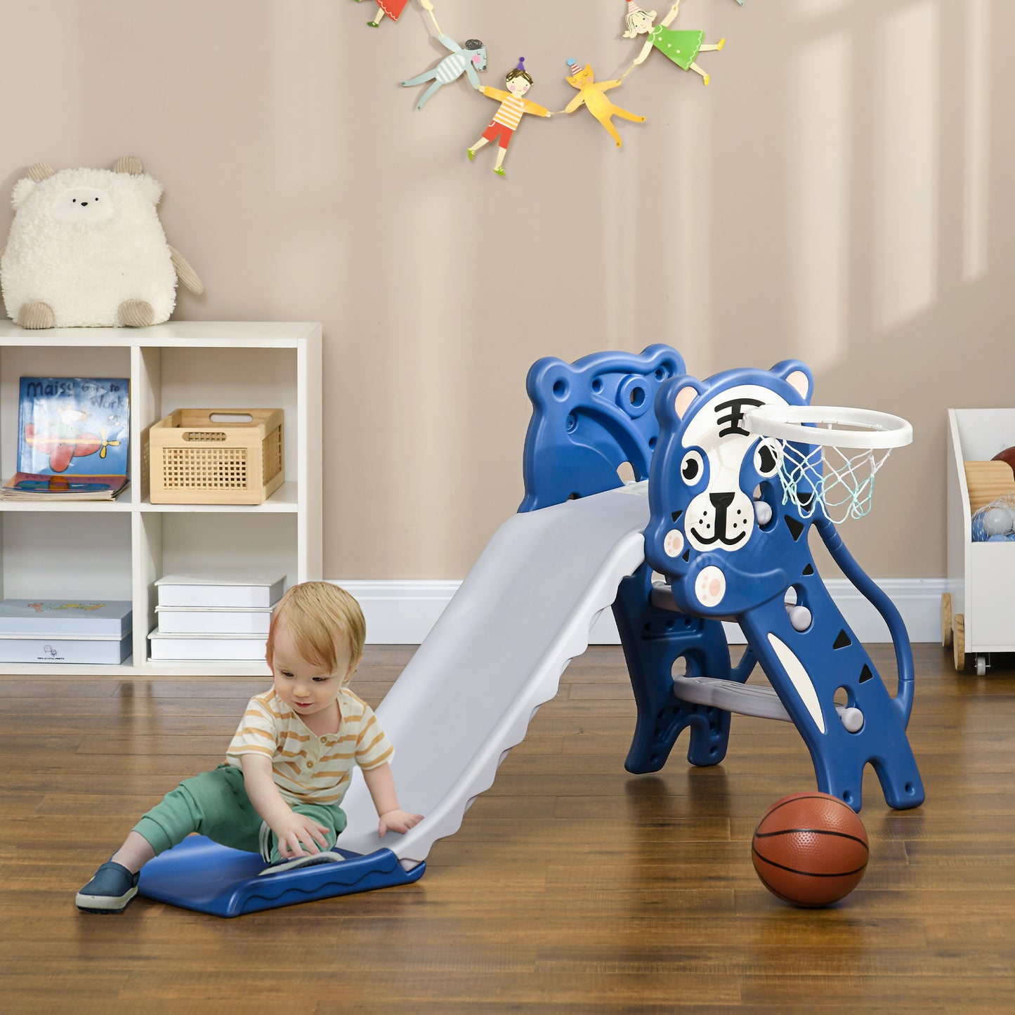 3 in 1 Baby Slide for Indoor Use with Climber, Basketball Hoop