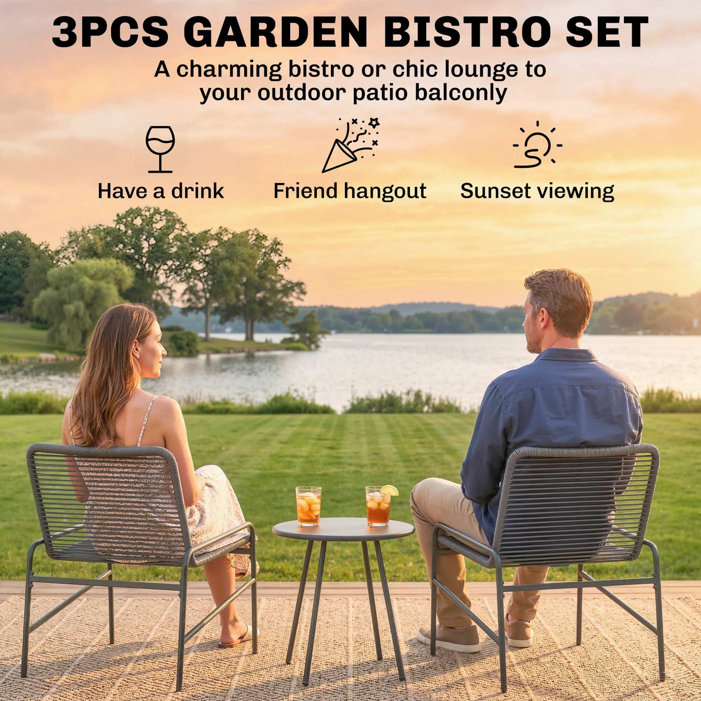 3 Piece Rattan Bistro Set, Outdoor Garden Furniture Set