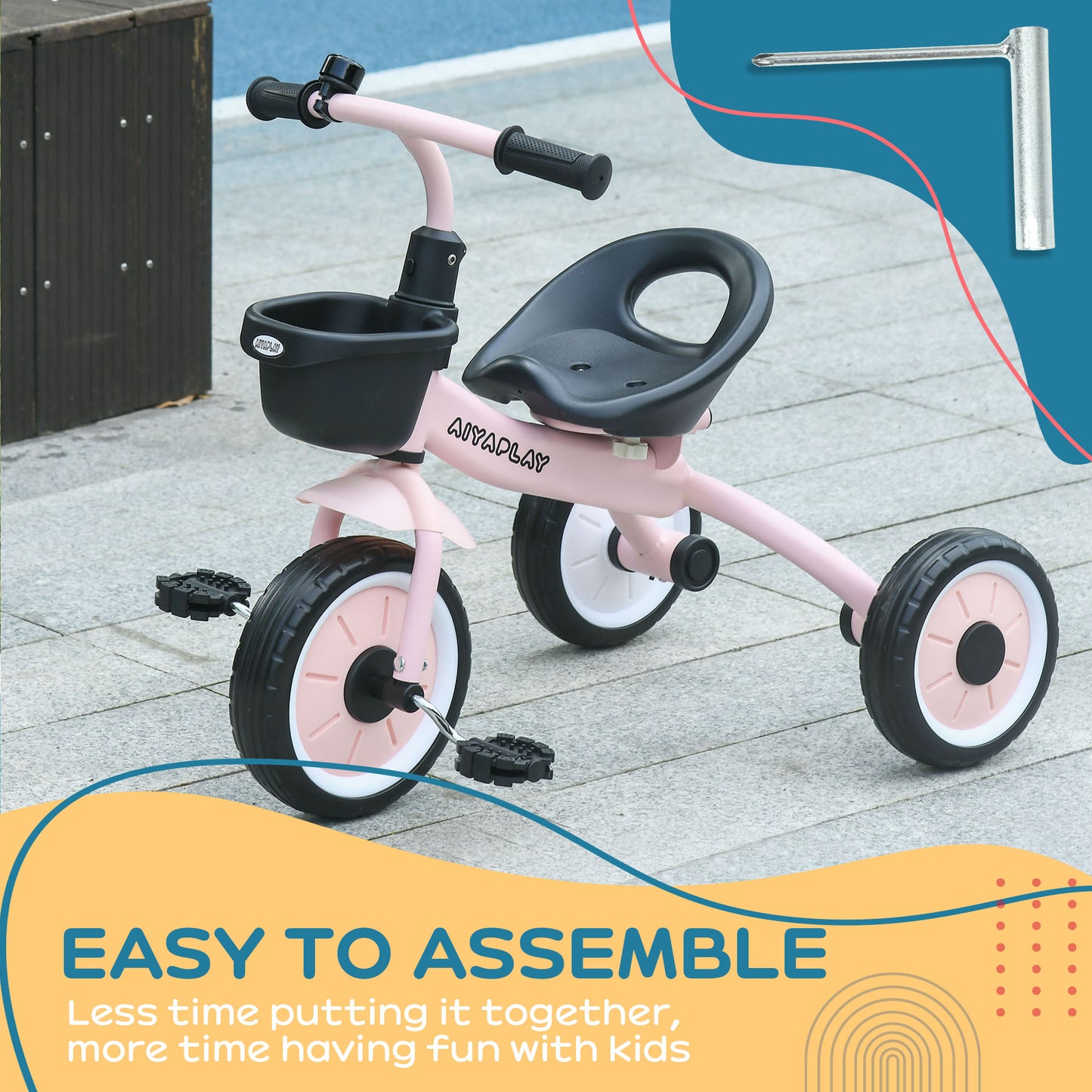 Kids Trike, Tricycle, with Adjustable Seat, Basket, Bell