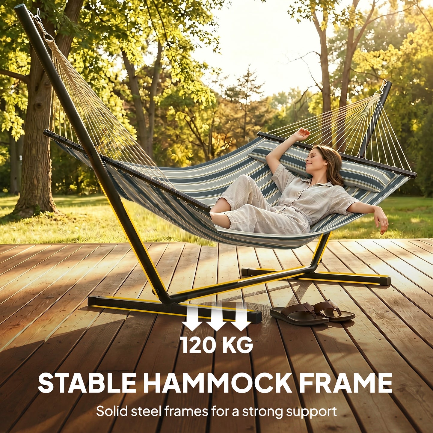 Outdoor Hammock with Stand Detachable Pillow Striped Swing Steel