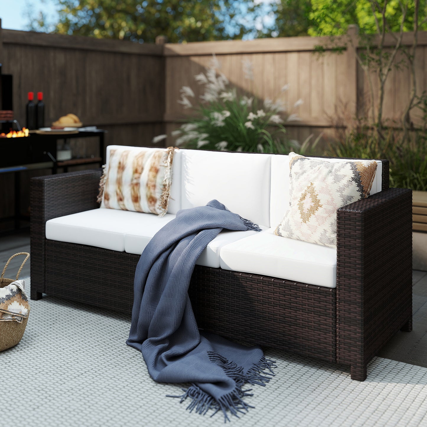 3 Seater Rattan Sofa, All-Weather Wicker Weave Metal Frame Chair