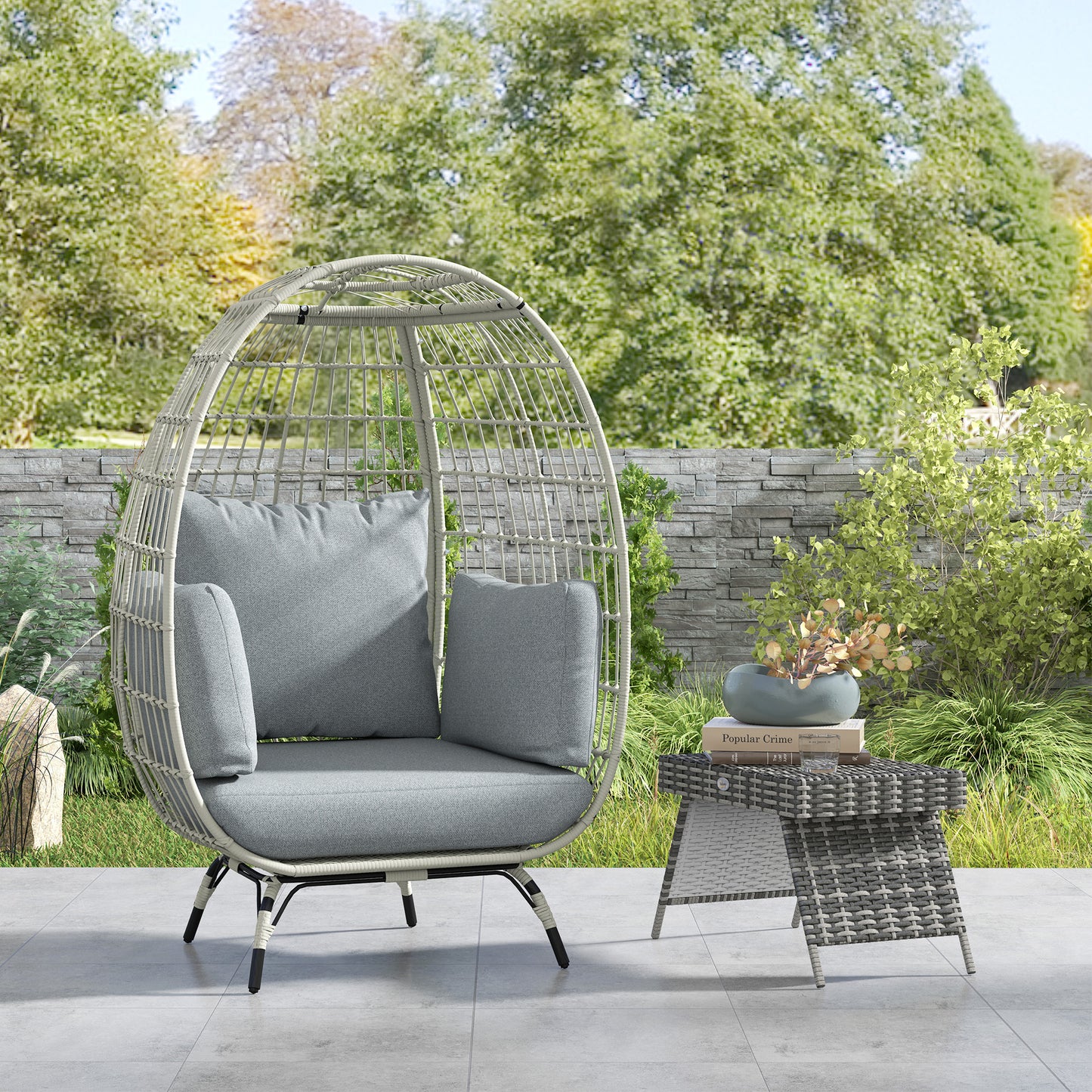 Rattan Egg Chair with Cushions and Pillows