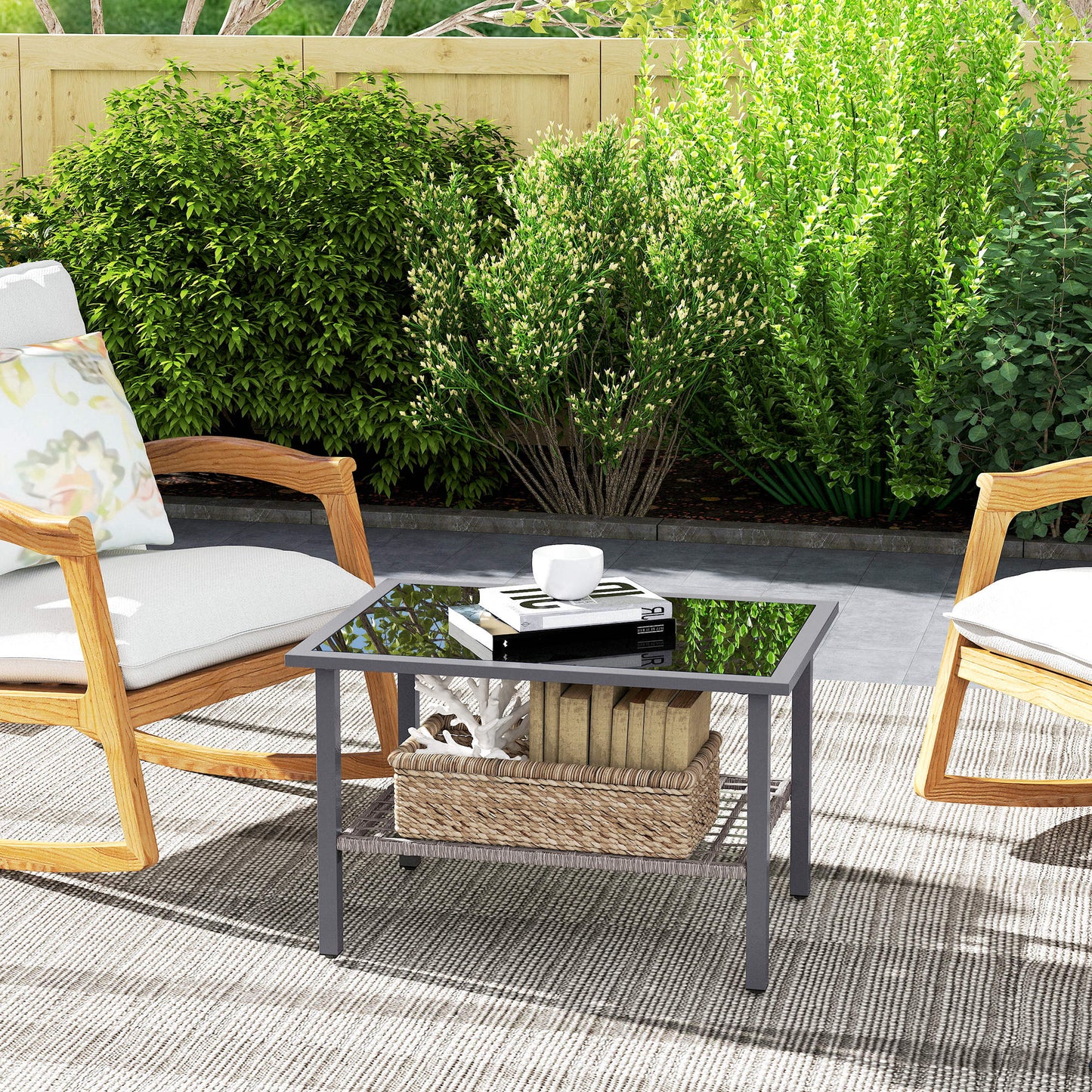 Outdoor Rattan Coffee Table with Tempered Glass Top, Storage Shelf