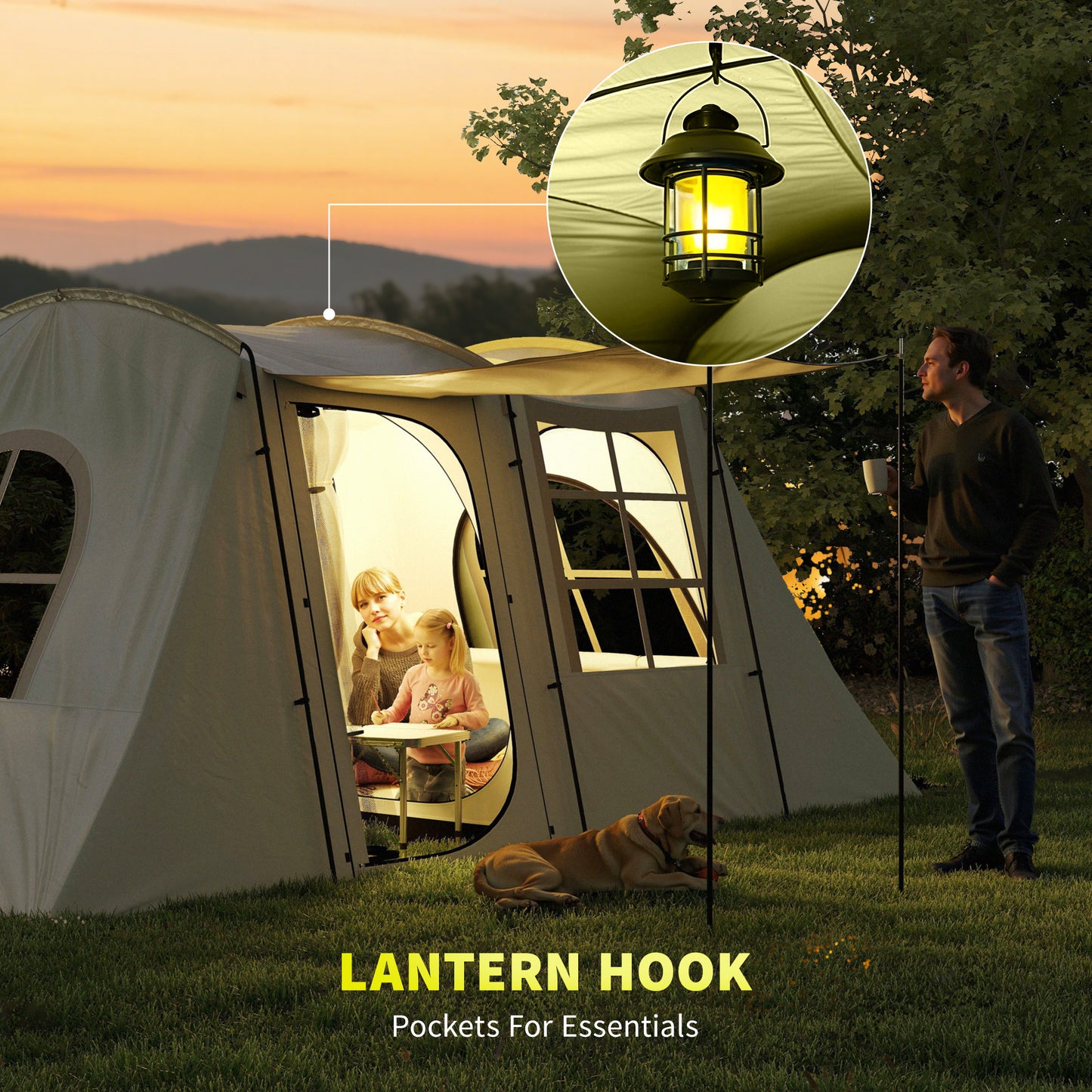 4 Man Tunnel Tent, Family Camping Tent with Porch