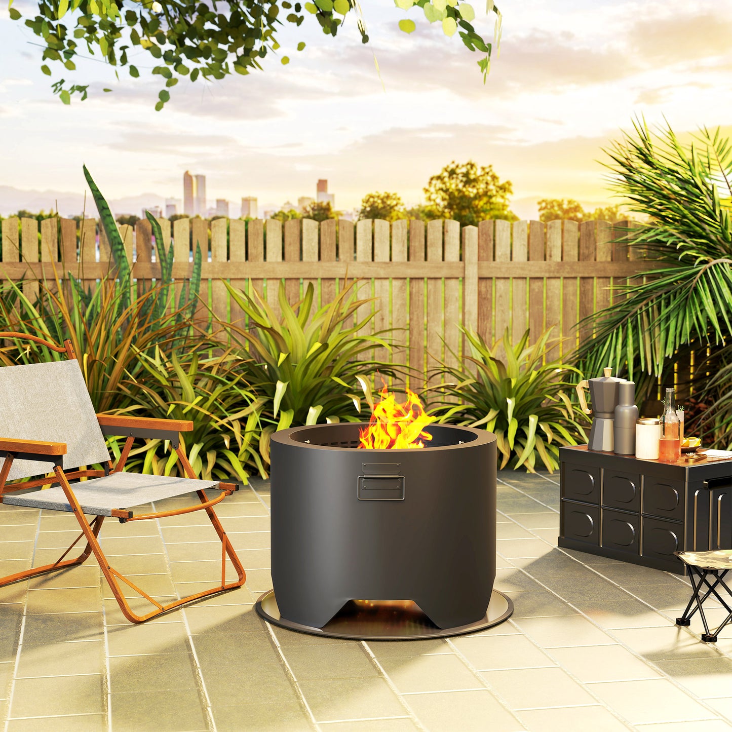 Outdoor Round Fire Pit with Lid and Fire Poker