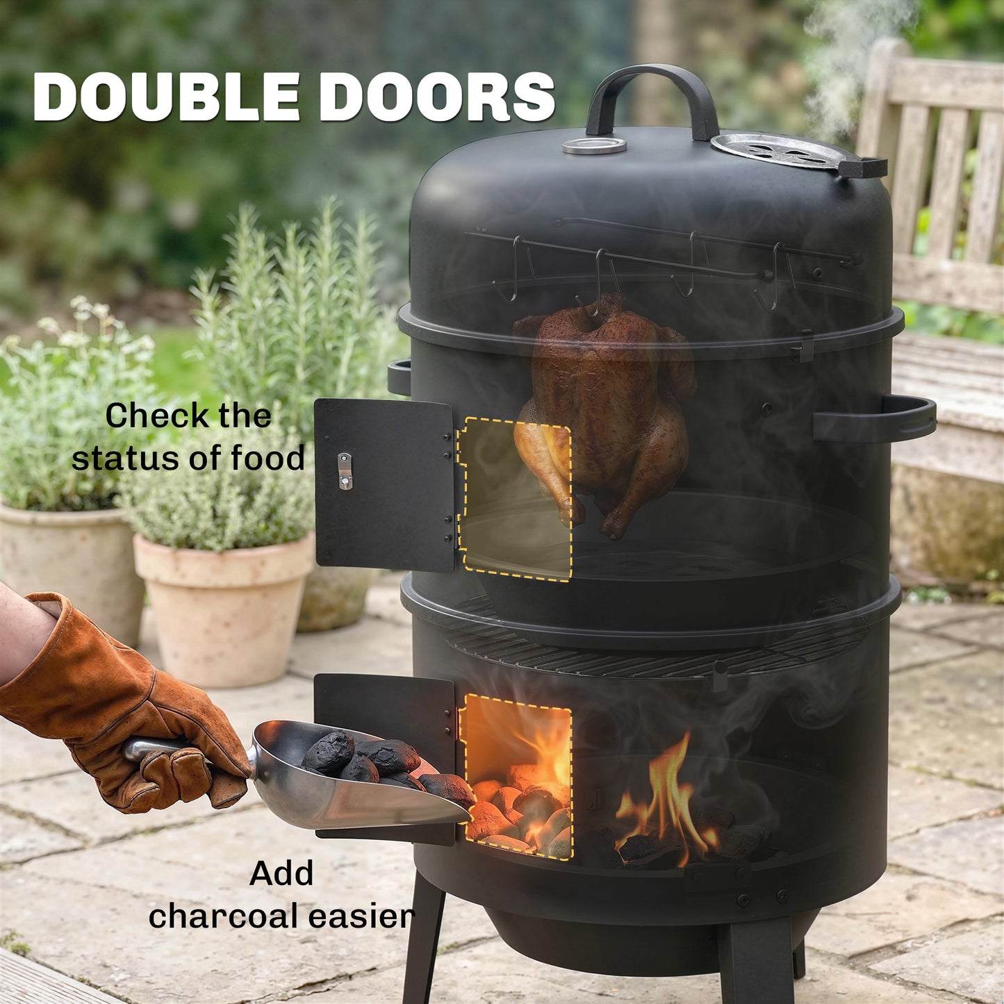 3-in-1 Vertical Charcoal Smoker with 2 Grill Grates