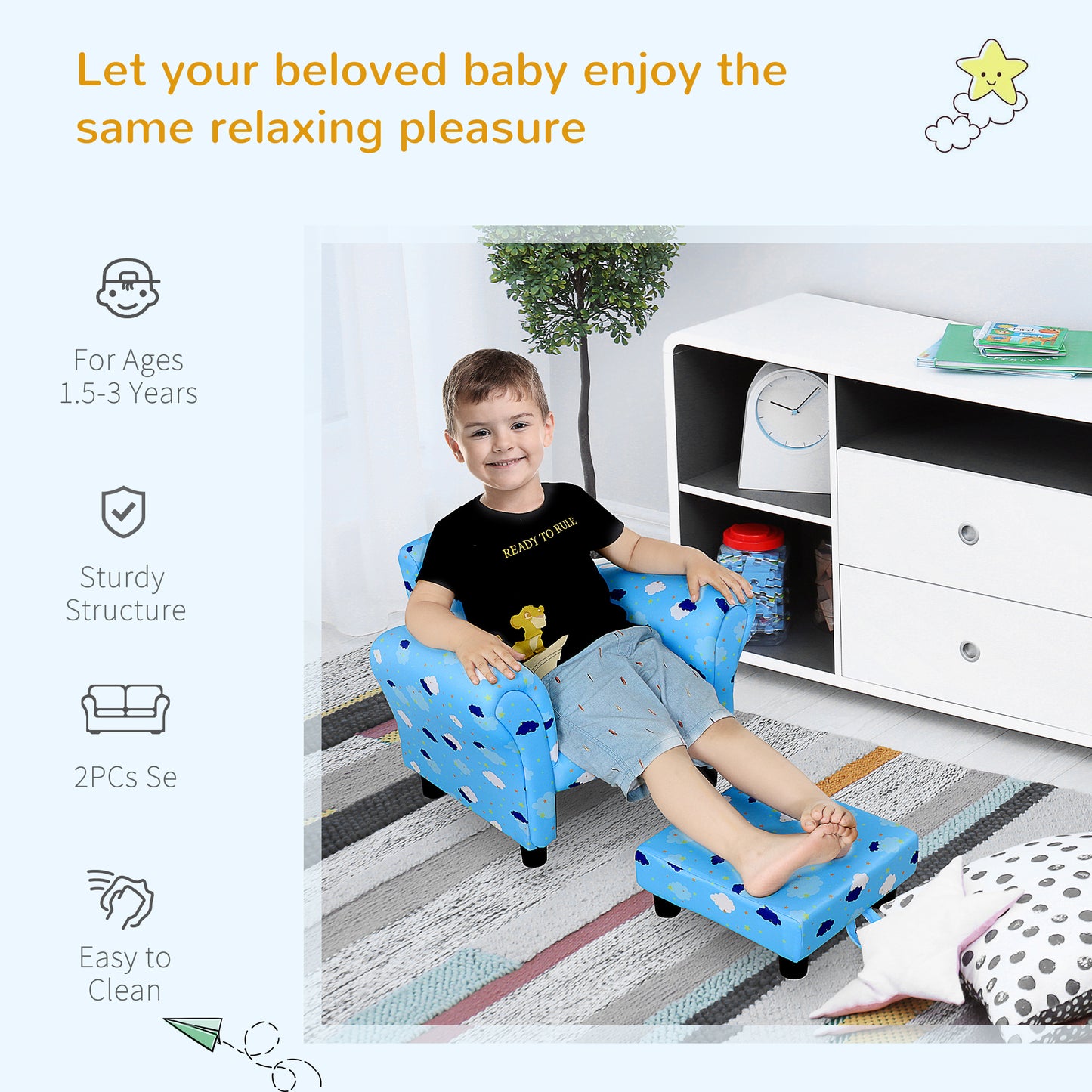 Toddler Chair Children's Armchairs Wood Frame w/ Footrest Anti-Slip