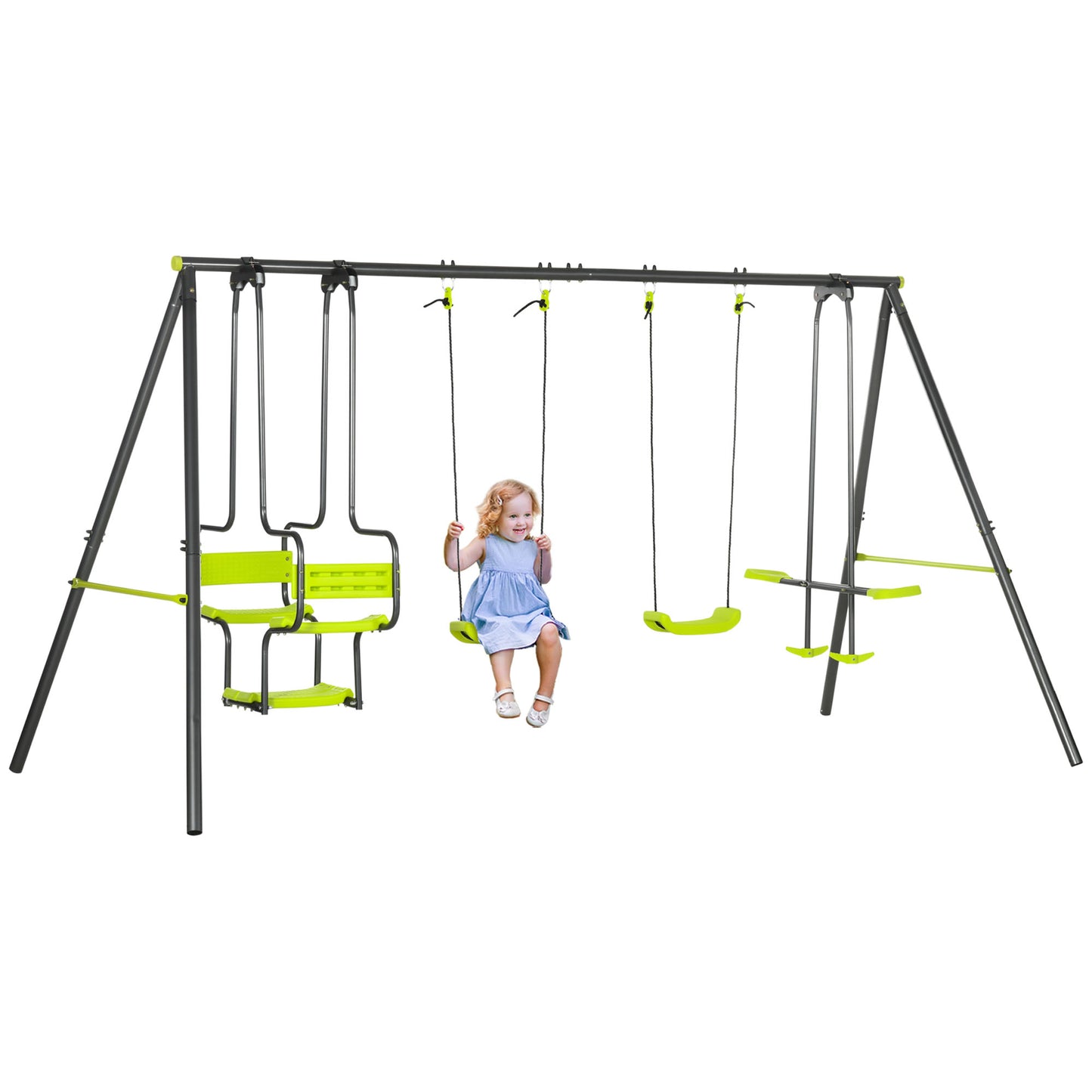 Metal Garden Swing Set with Double Swings, Glider, Swing Seats