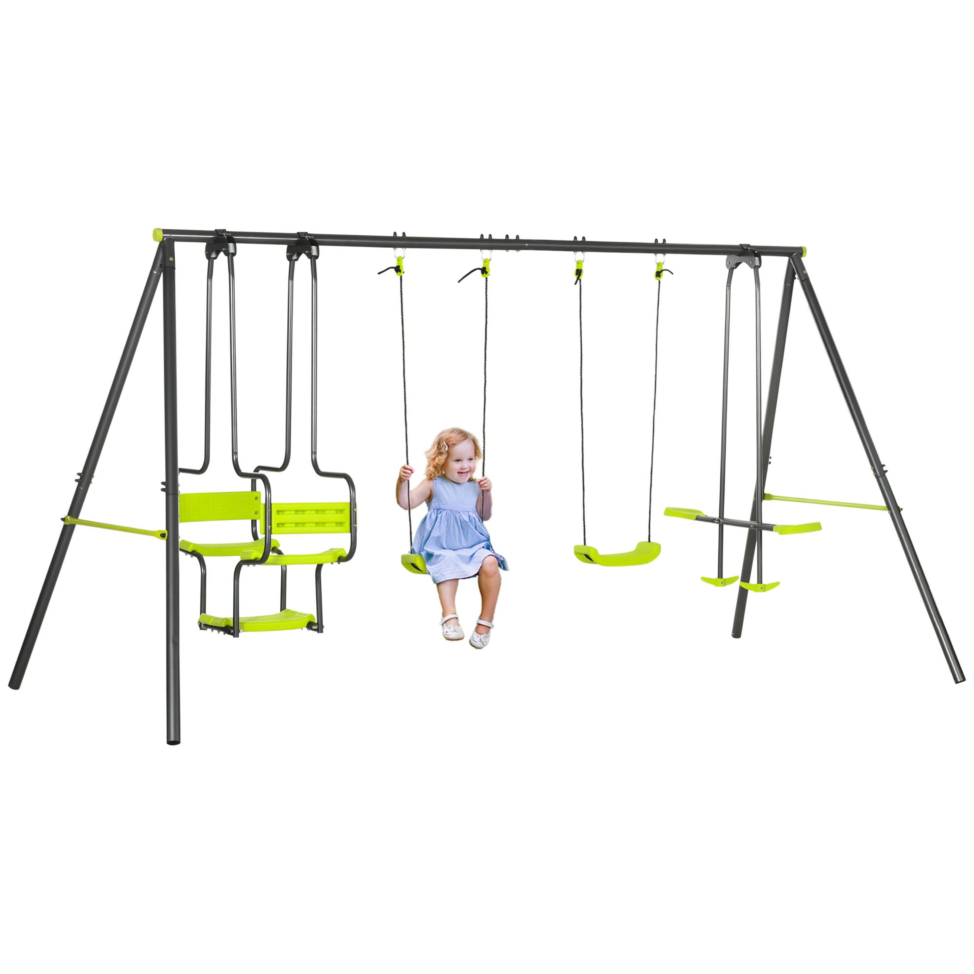 Metal Garden Swing Set with Double Swings, Glider, Swing Seats