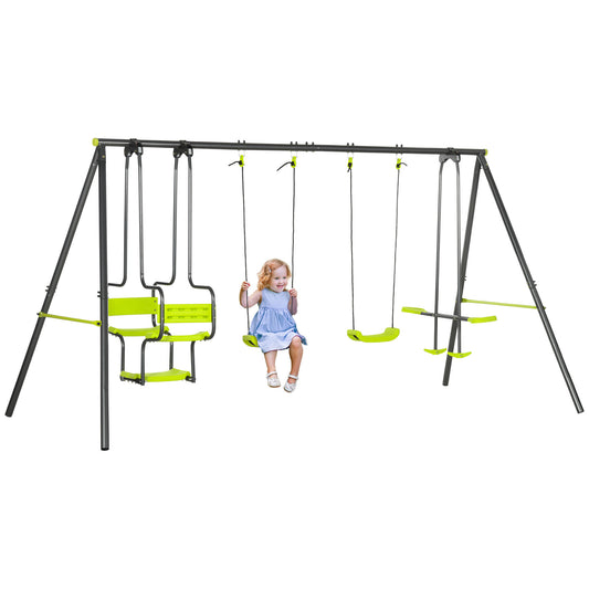 Metal Garden Swing Set with Double Swings, Glider, Swing Seats