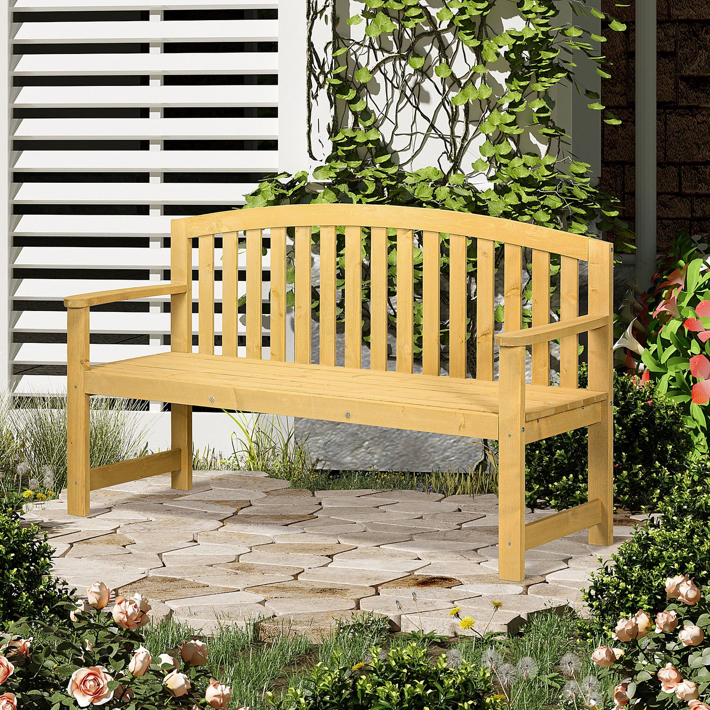 2 Seater Wooden Garden Bench with Armrest
