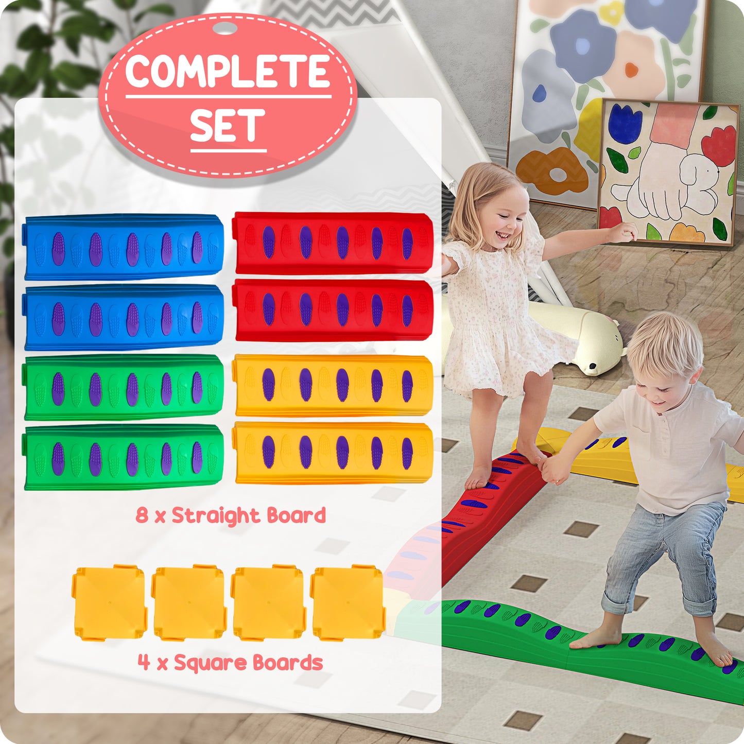 12-Piece Kids Balance Beam Stepping Stones, with Non-Slip Foot Pads