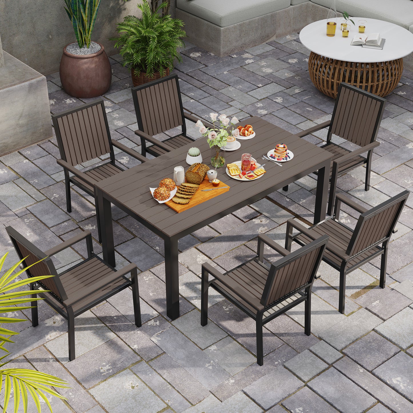 6 Seater Garden Dining Set with Stackable Chairs, Aluminium Frame