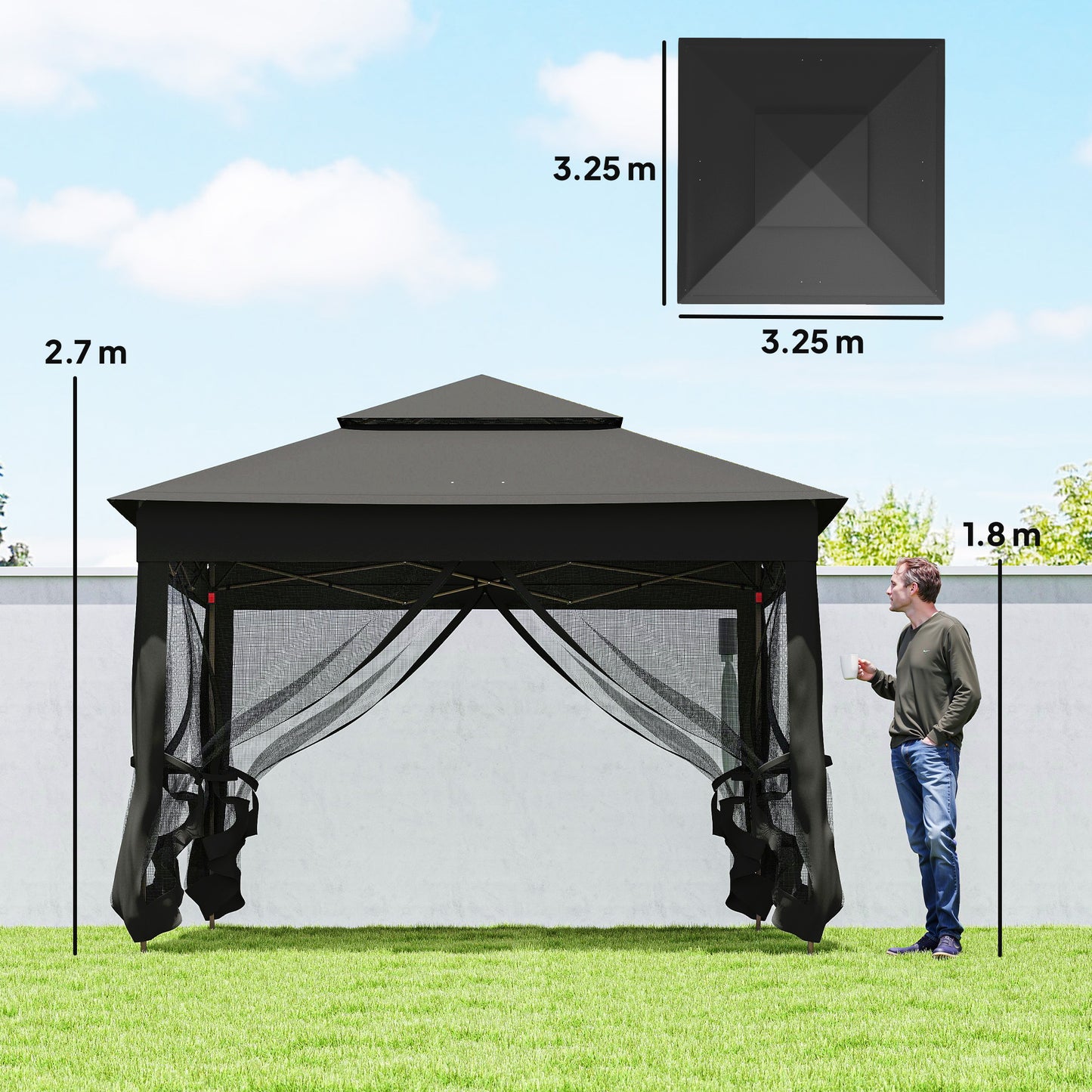 3 x 3(m) Pop Up Gazebo, Double-roof Garden Tent with Netting (1)
