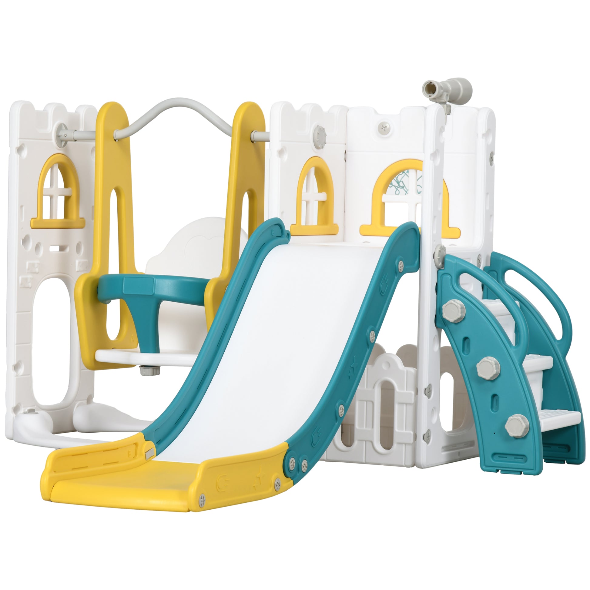 6-in-1 Swing and Slide Set, Kids Playground with Basketball Hoop