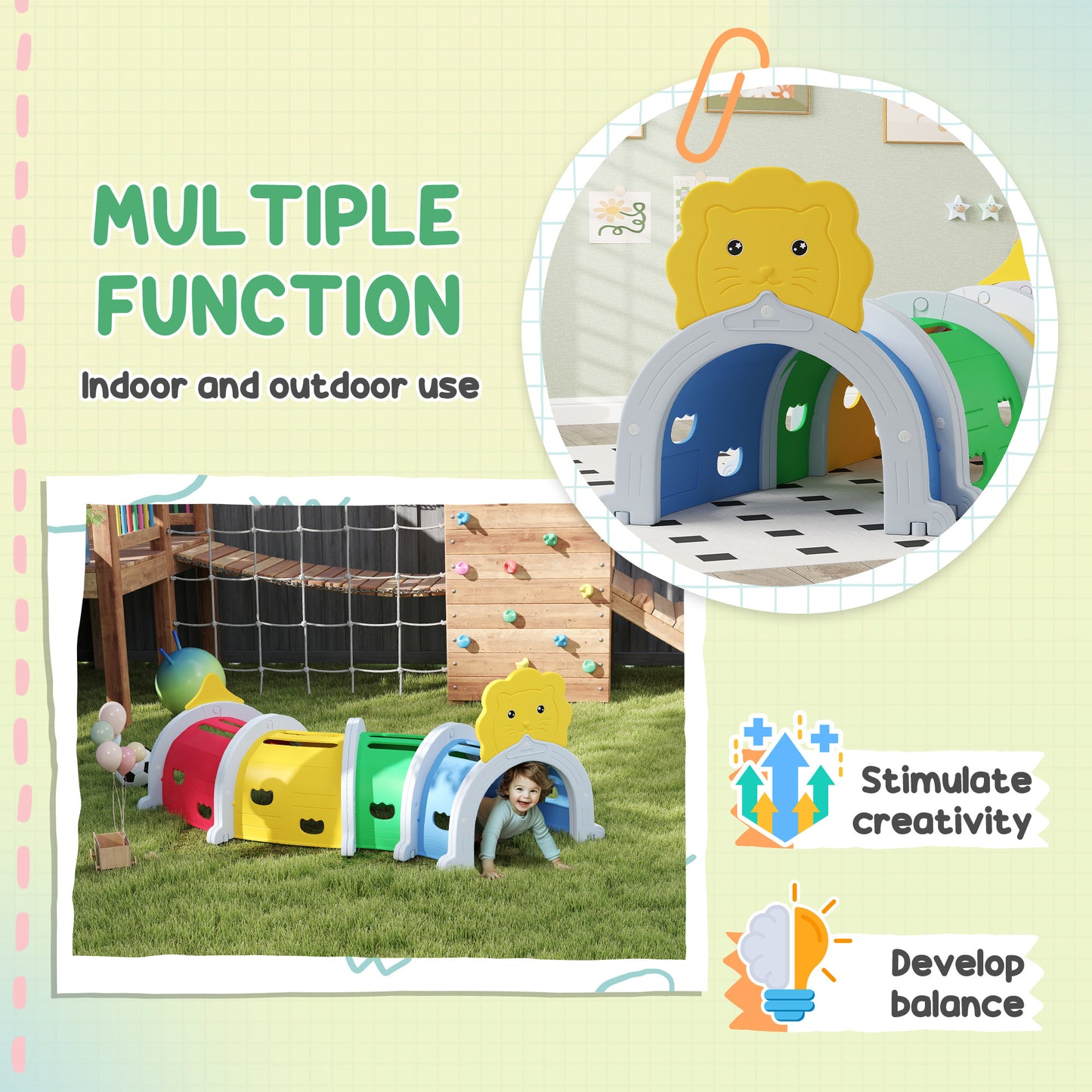 Kids Play Tunnel with Lion Design for 3-6 Years, Crawling, Climbing