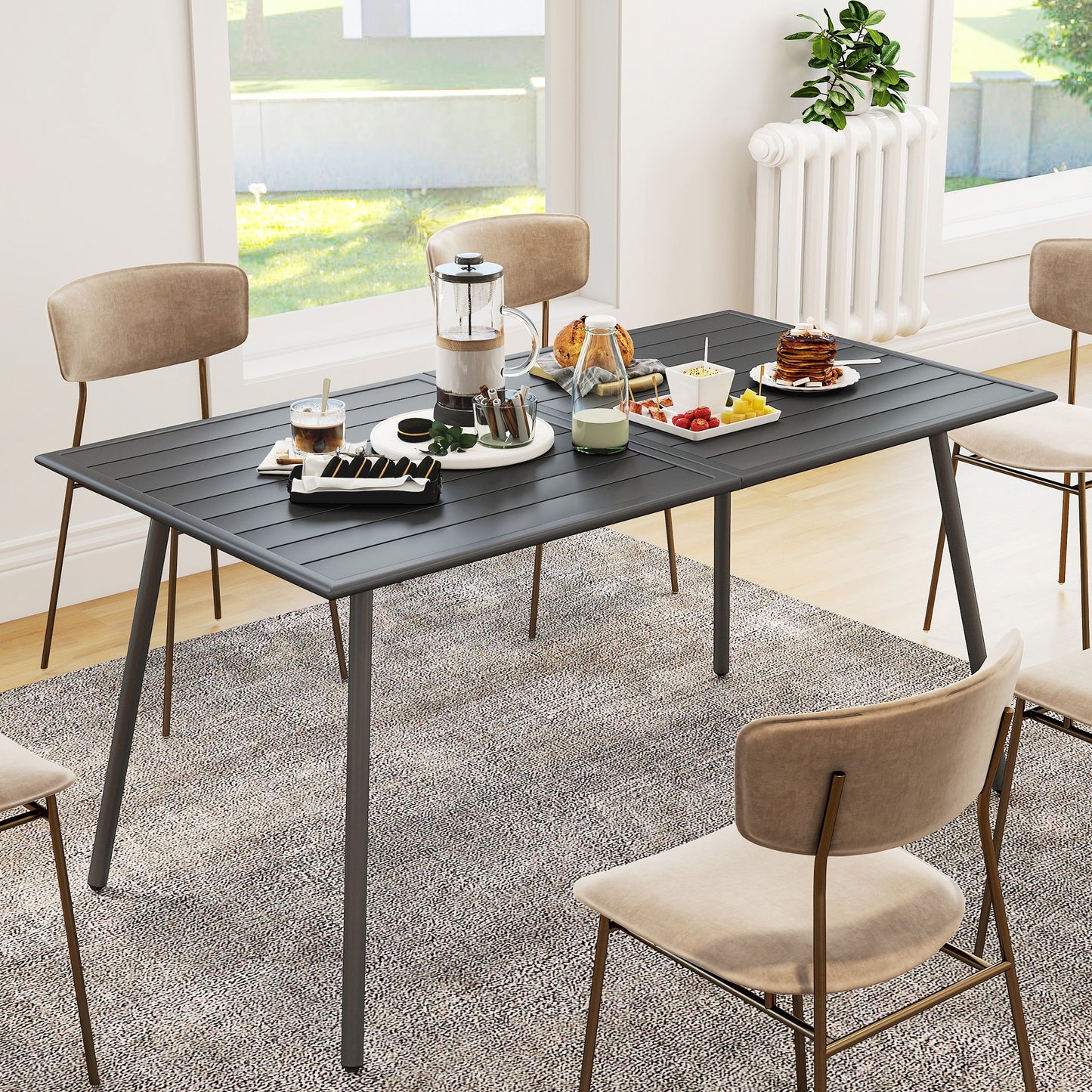 Rectangle Garden Table with Slat Top, Steel Frame