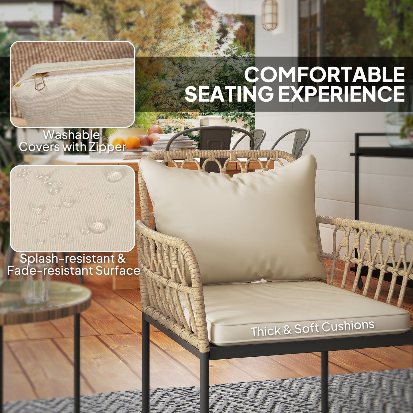 3 Piece Rattan Bistro Set, Wicker Garden Furniture Set with Cushions