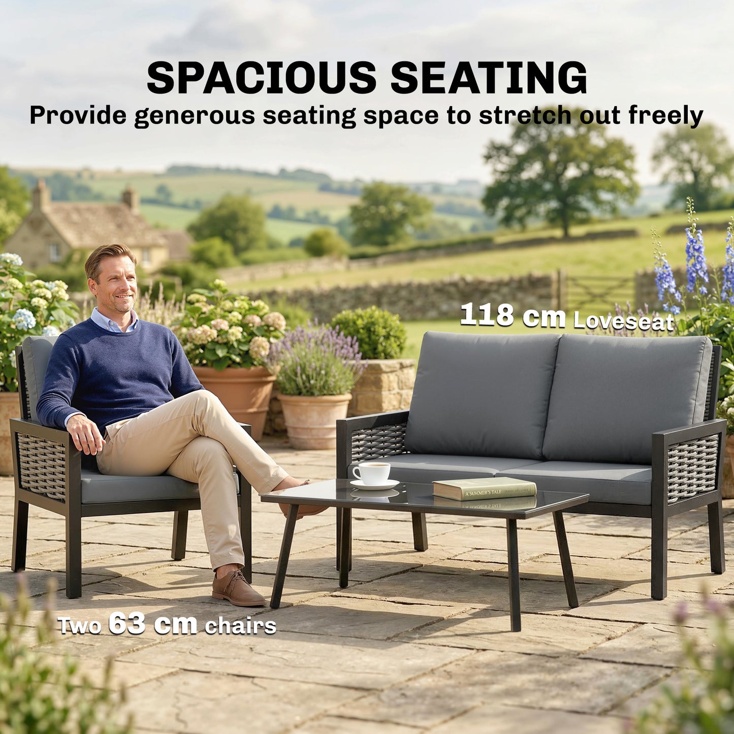 4 Seater Rattan Garden Furniture Set with 2 Armchairs, Loveseat