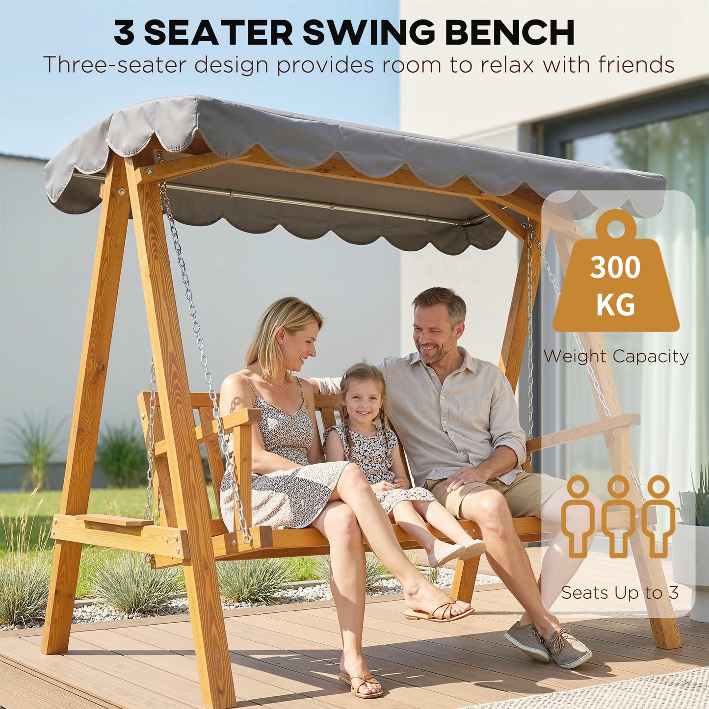 3 Seater Garden Swing Seat with Canopy, Wooden Swing Chair
