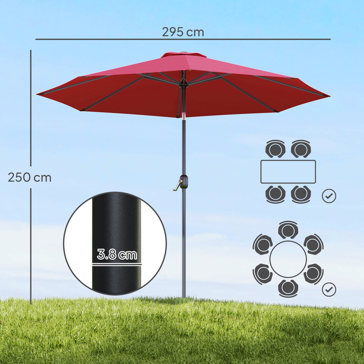 3(m) Tilting Parasol Garden Umbrellas, Outdoor Sun Shade with 8 Ribs