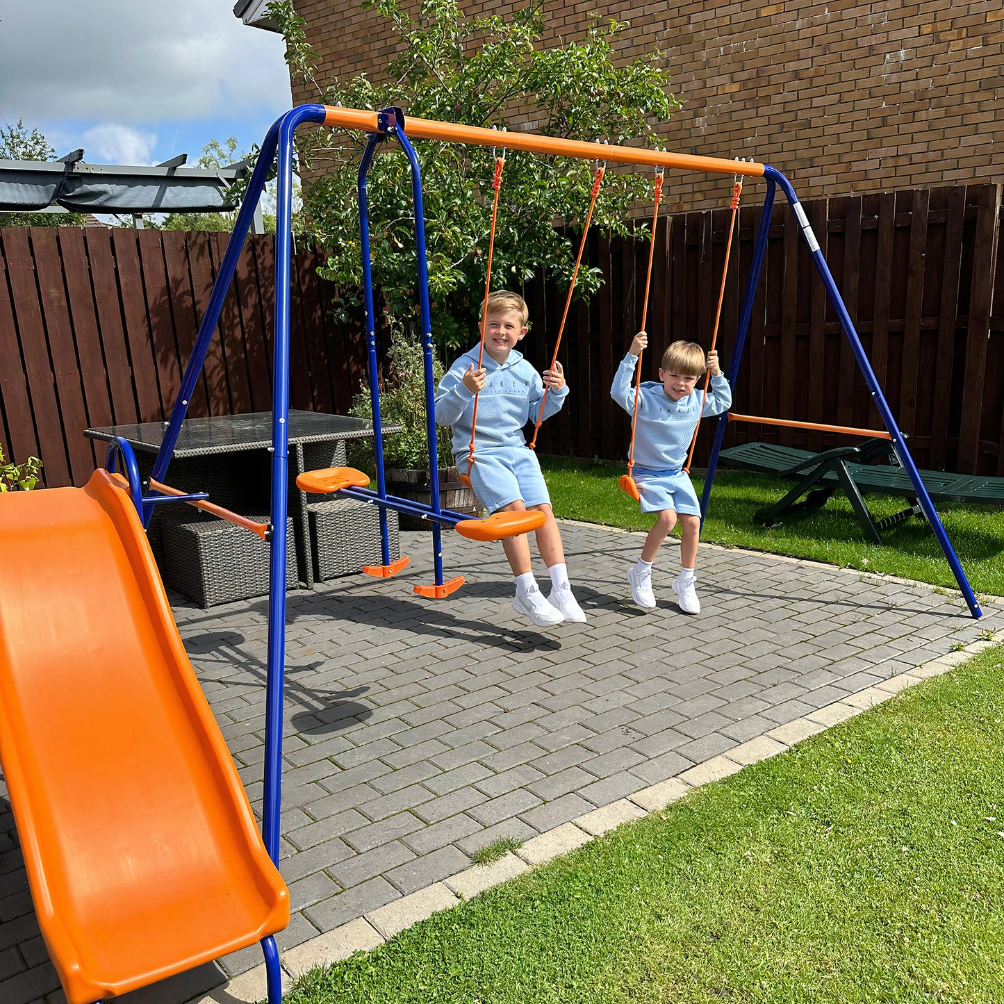 Four-In-One Metal Garden Swing Set, with Double Swings, Glider