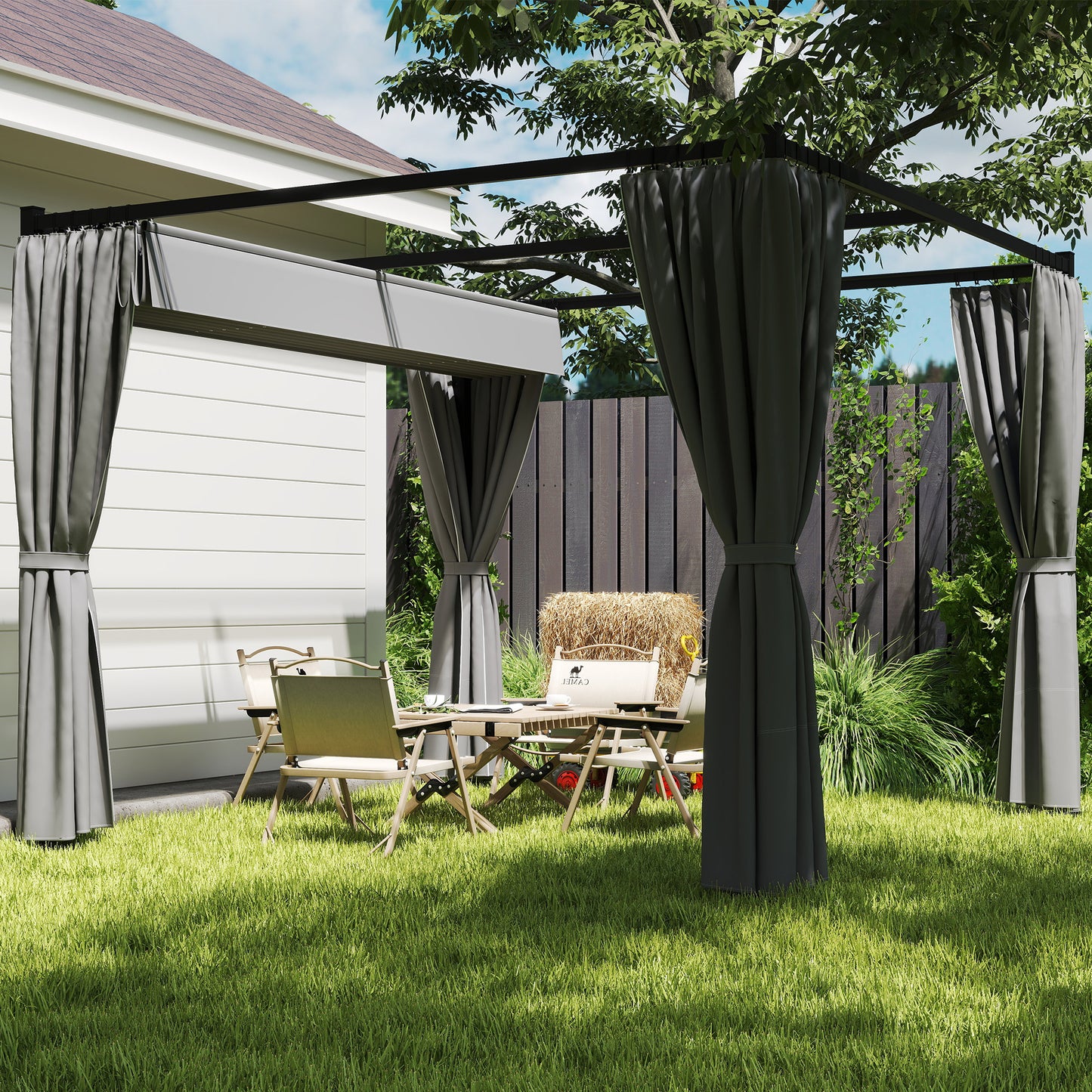 3 x 3m Moving Canopy Metal Pergola, with Curtains