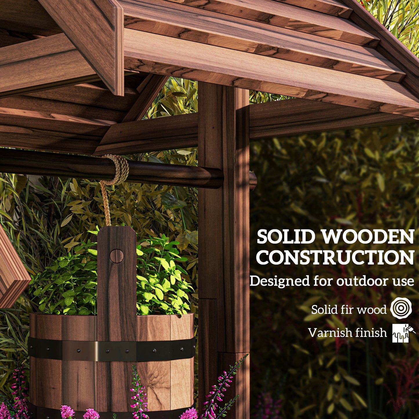 Wood Wishing Well for Outside with Hanging Bucket