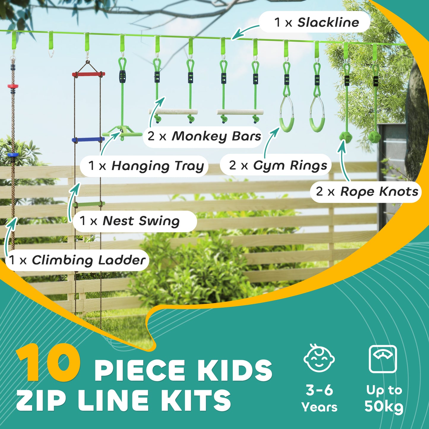 Obstacle course for Kids, with 10-Piece Slackline Kit