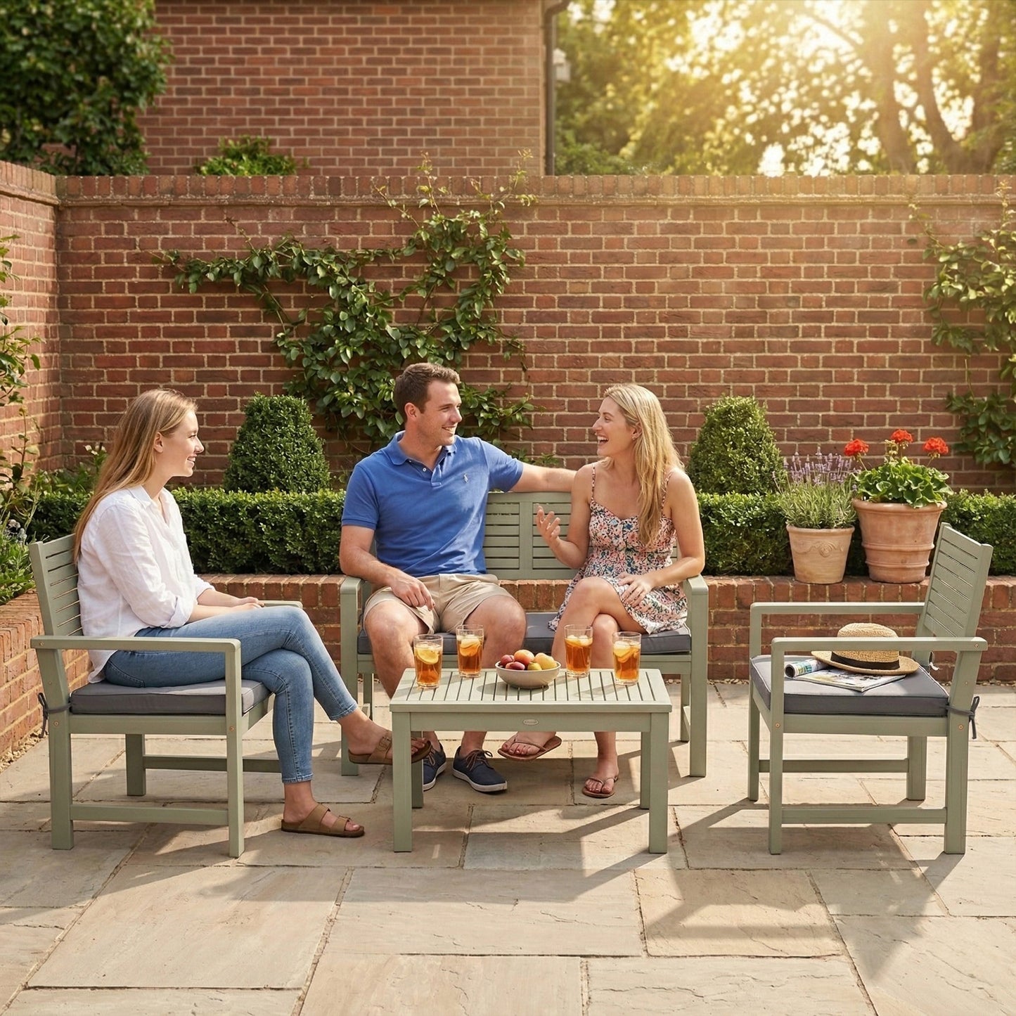 4 Seater Wooden Garden Furniture Set with Loveseat, Armchairs, Table