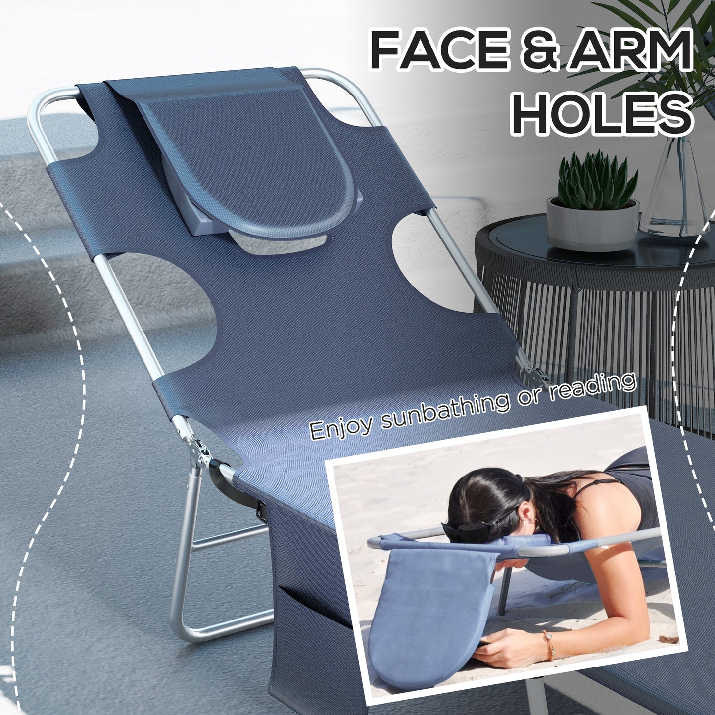 Foldable Sun Lounger Set of 2 with Reading Hole