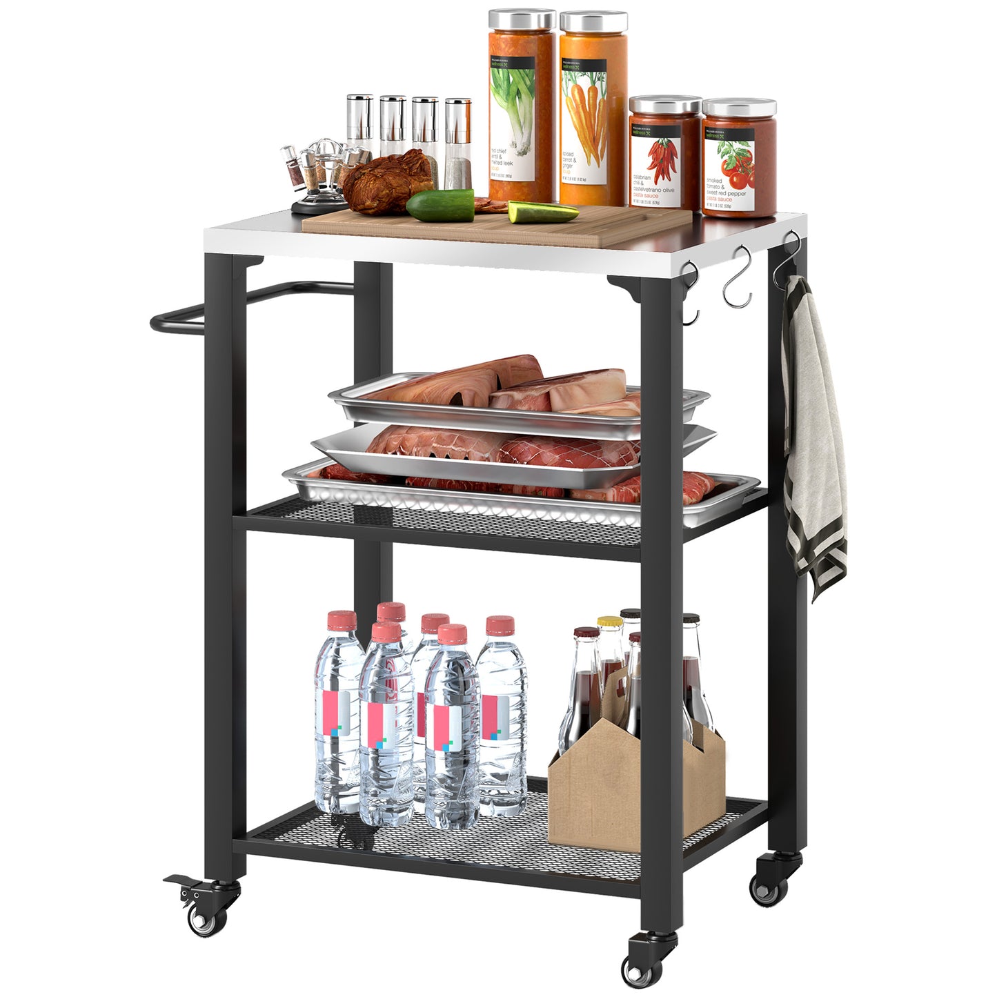 Three-Shelf Outdoor Grill Cart with Stainless Steel Top