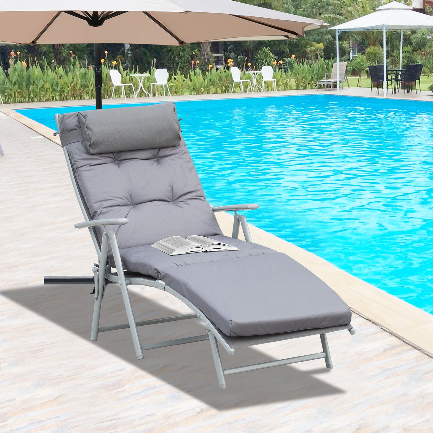 Steel Frame Outdoor Garden Padded Sun Lounger w/ Pillow