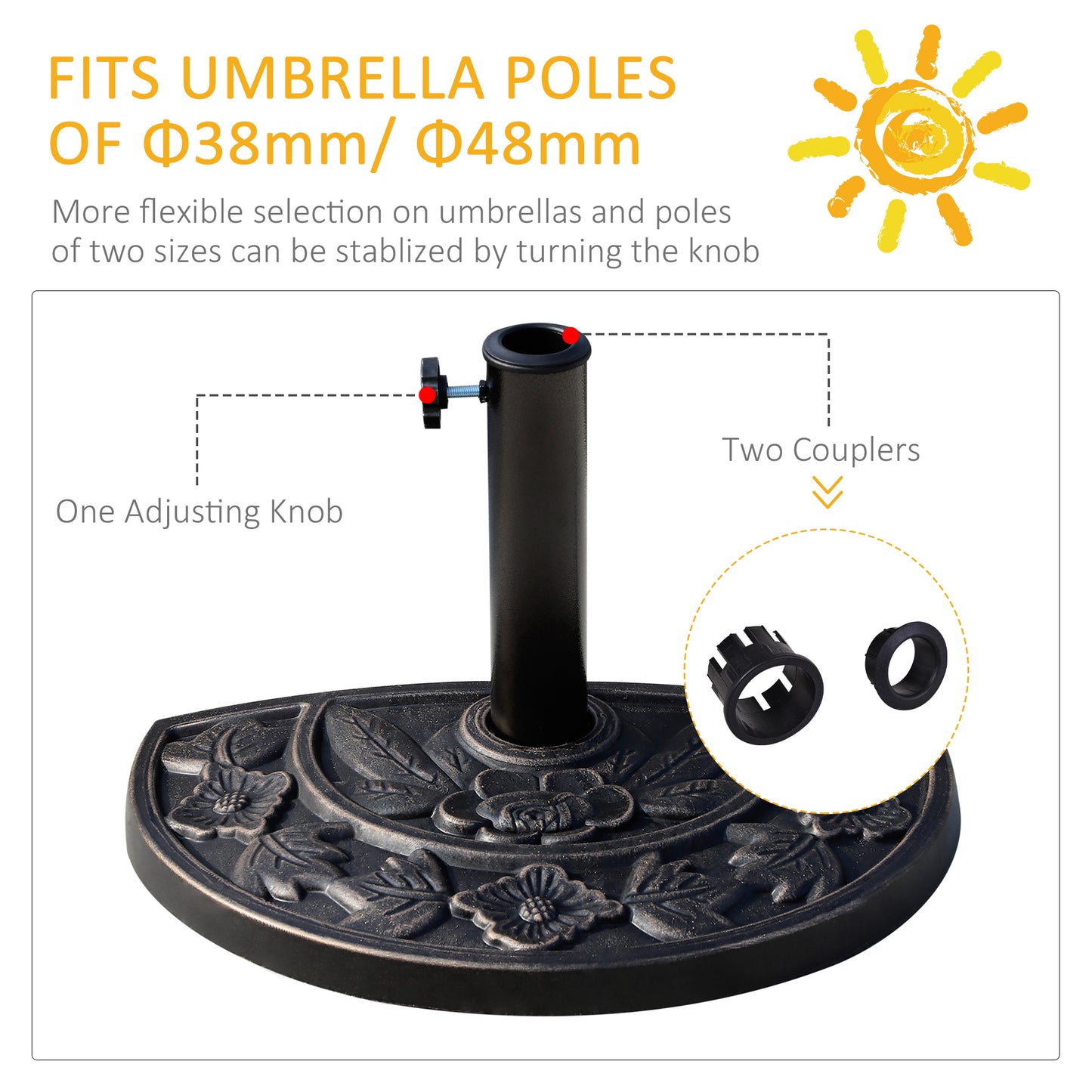 9kg Resin Parasol Base, Half Round Umbrella Stand with Floral Design