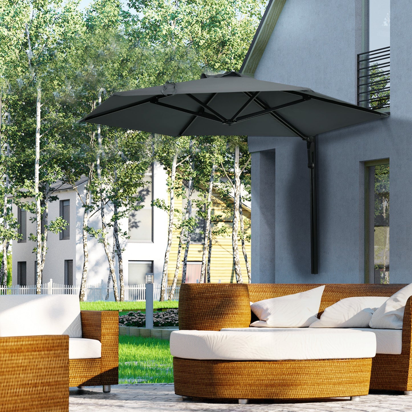 2.5m Wall Mounted Parasol, Hand to Push Outdoor Patio Umbrella